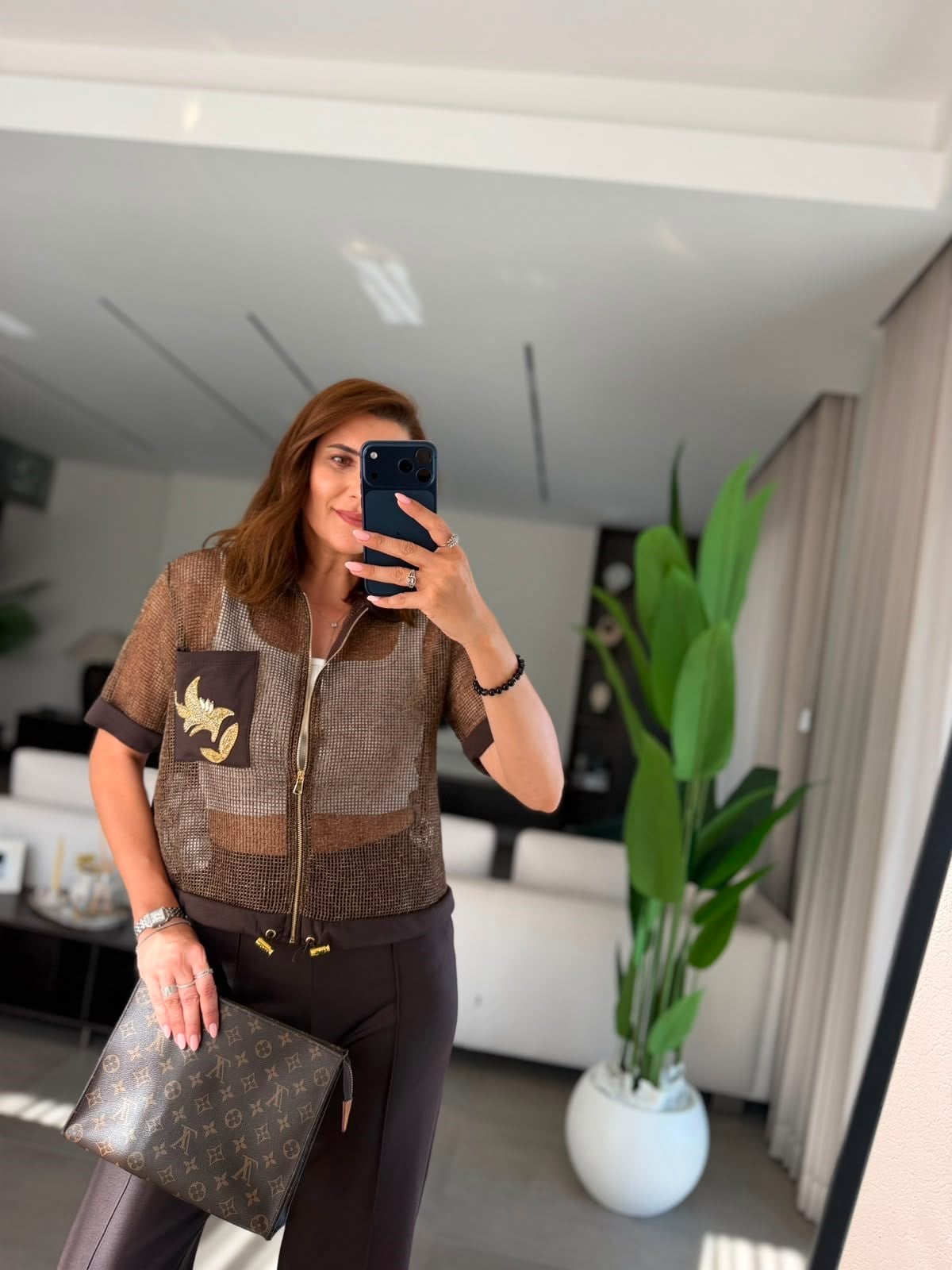 Acı Kahve Cebi Nakışlı File Ceket Takım