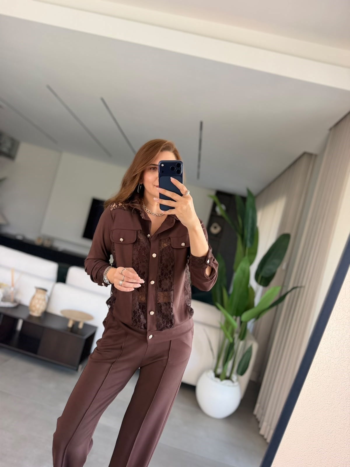 Acı Kahve Cep Detaylı Dantel Ceket Takım