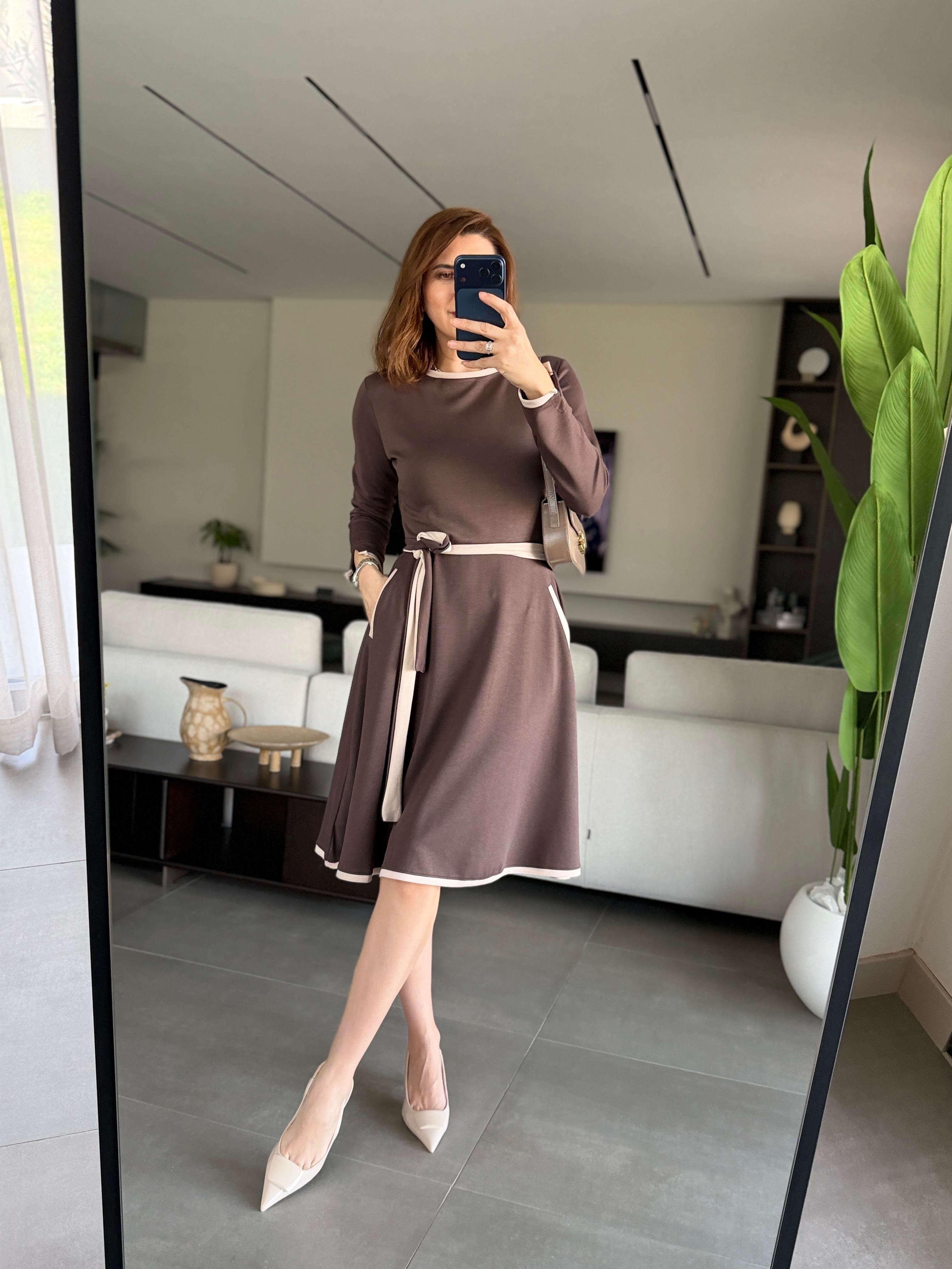Acı Kahve Cepli Kuşaklı Modal Elbise