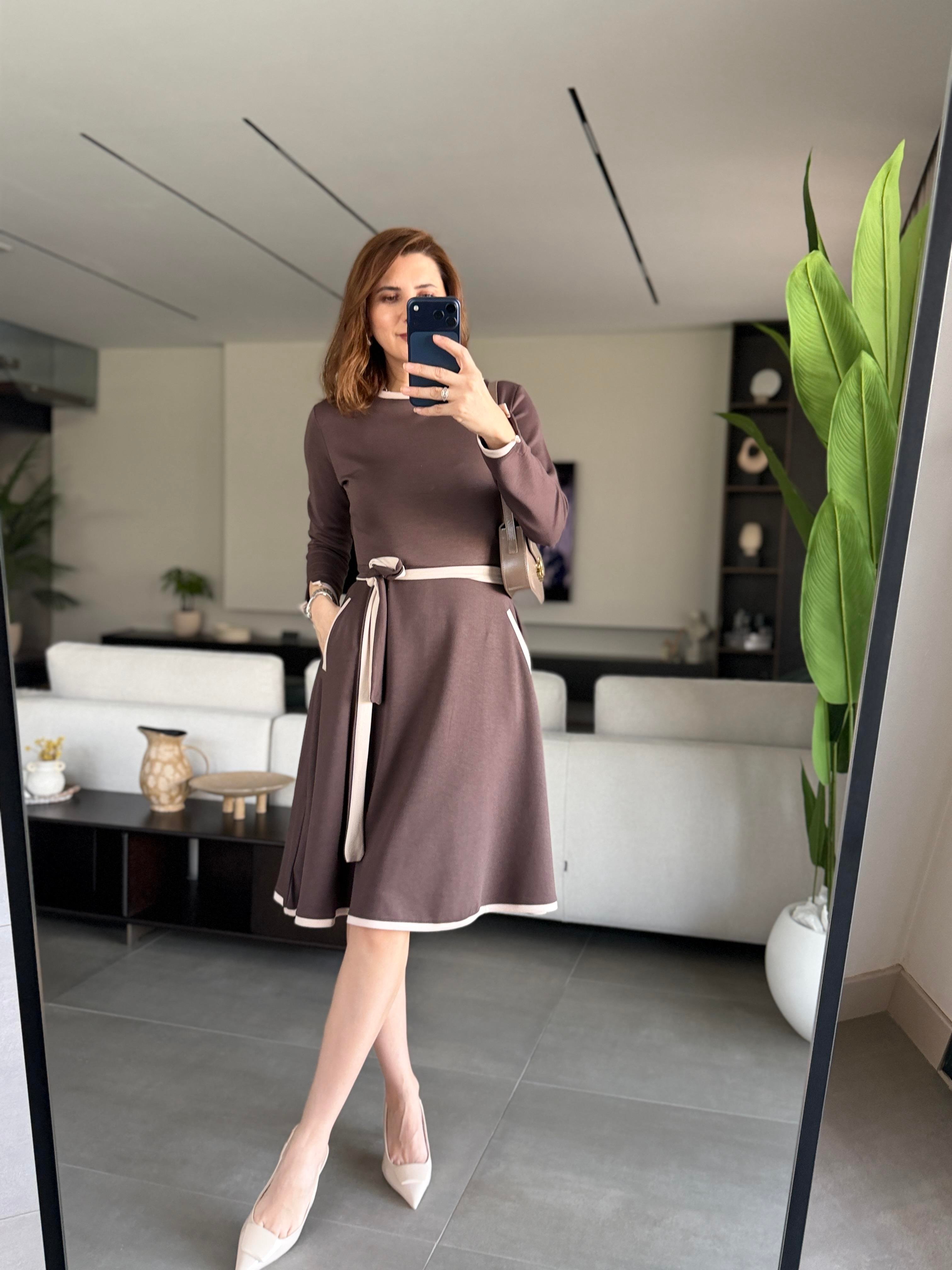 Acı Kahve Cepli Kuşaklı Modal Elbise