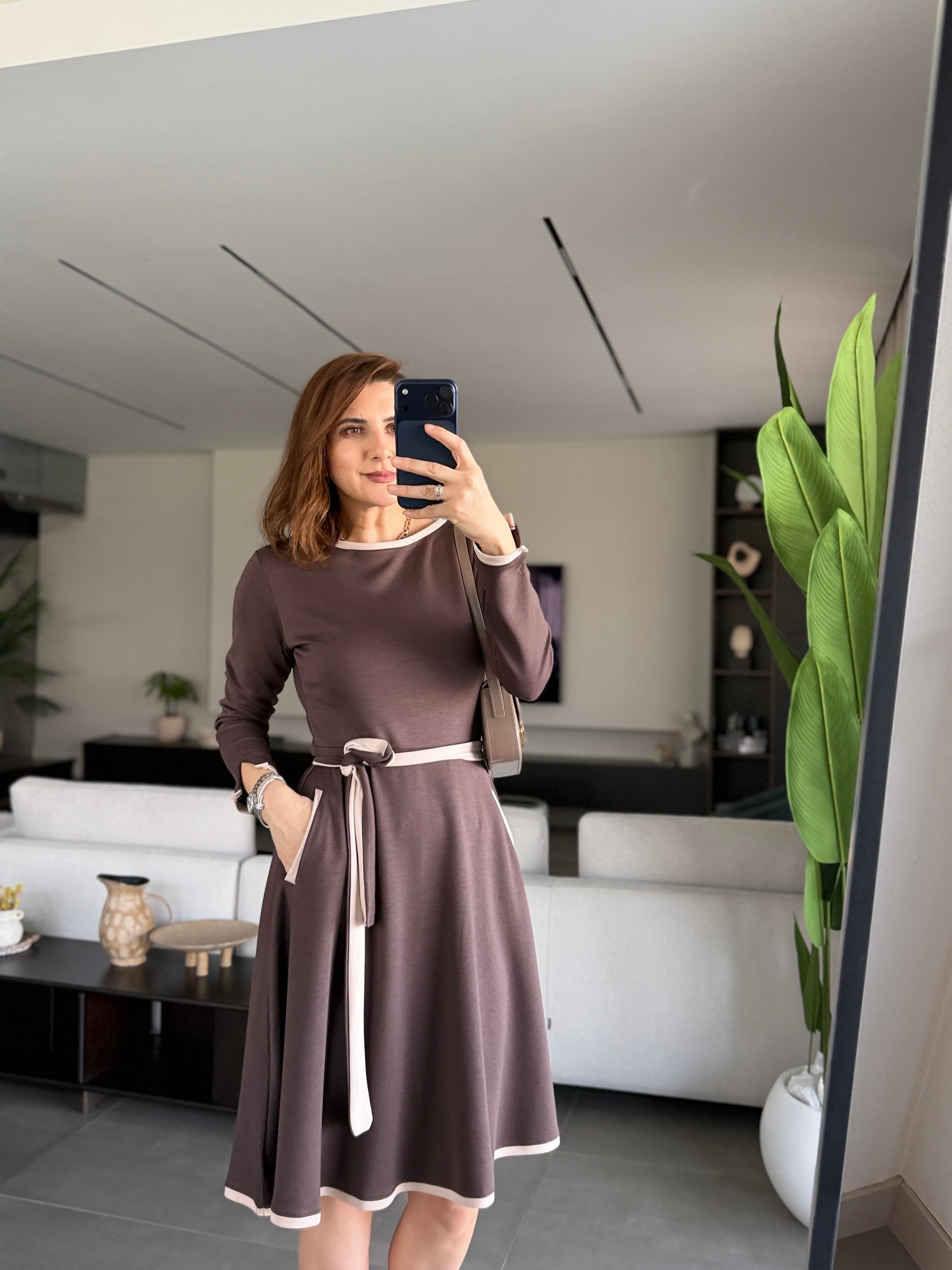 Acı Kahve Cepli Kuşaklı Modal Elbise