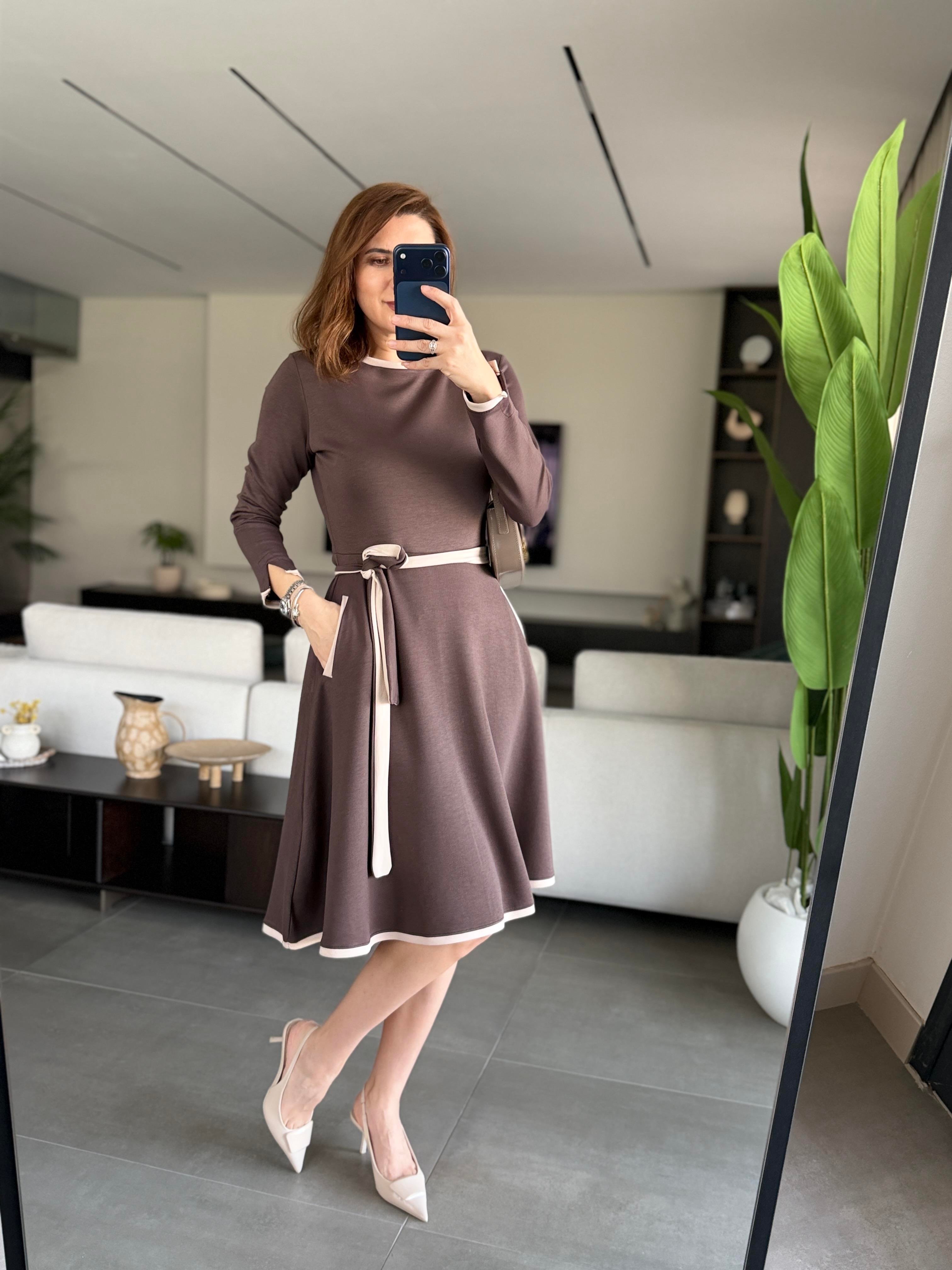Acı Kahve Cepli Kuşaklı Modal Elbise
