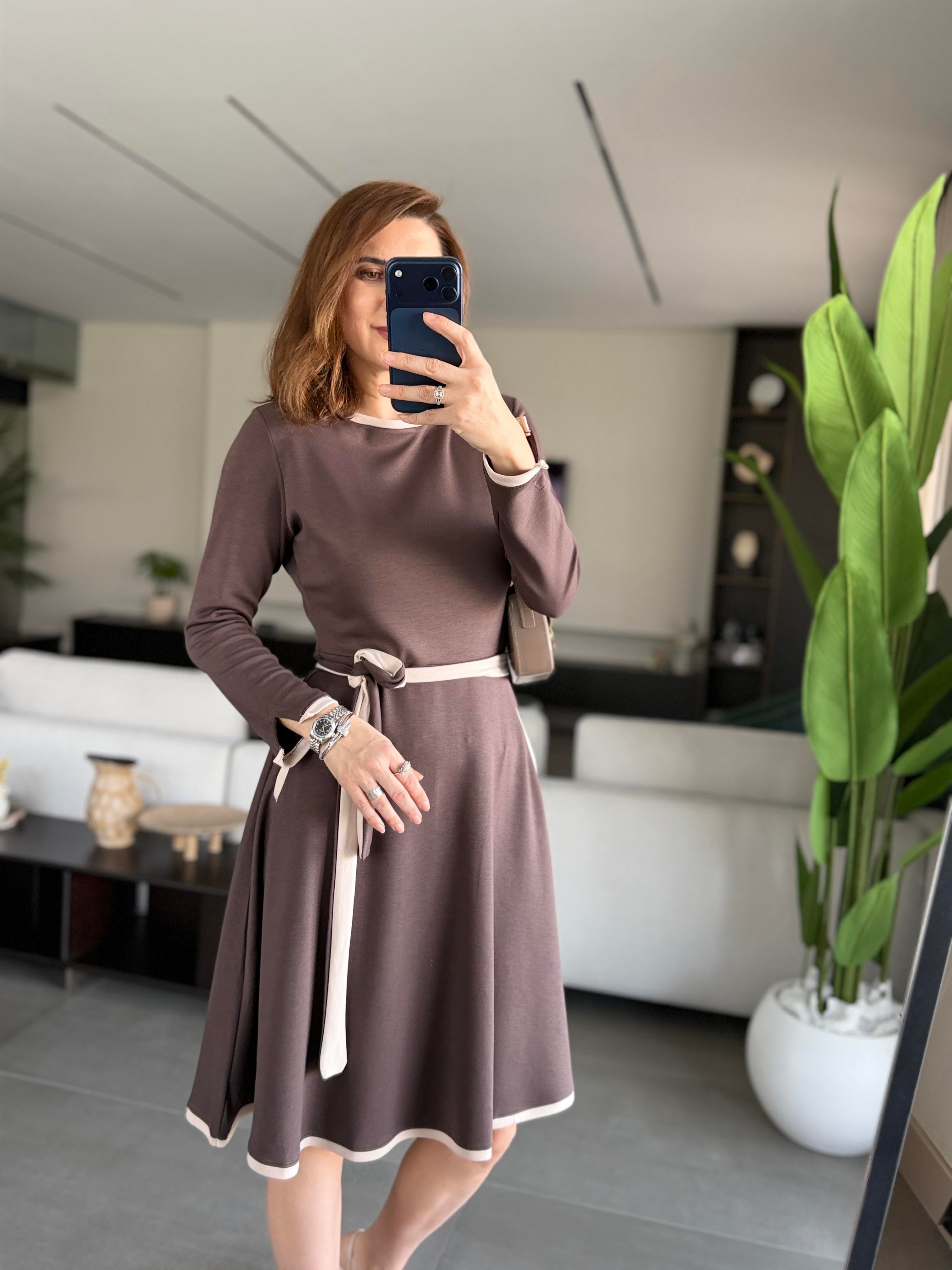 Acı Kahve Cepli Kuşaklı Modal Elbise