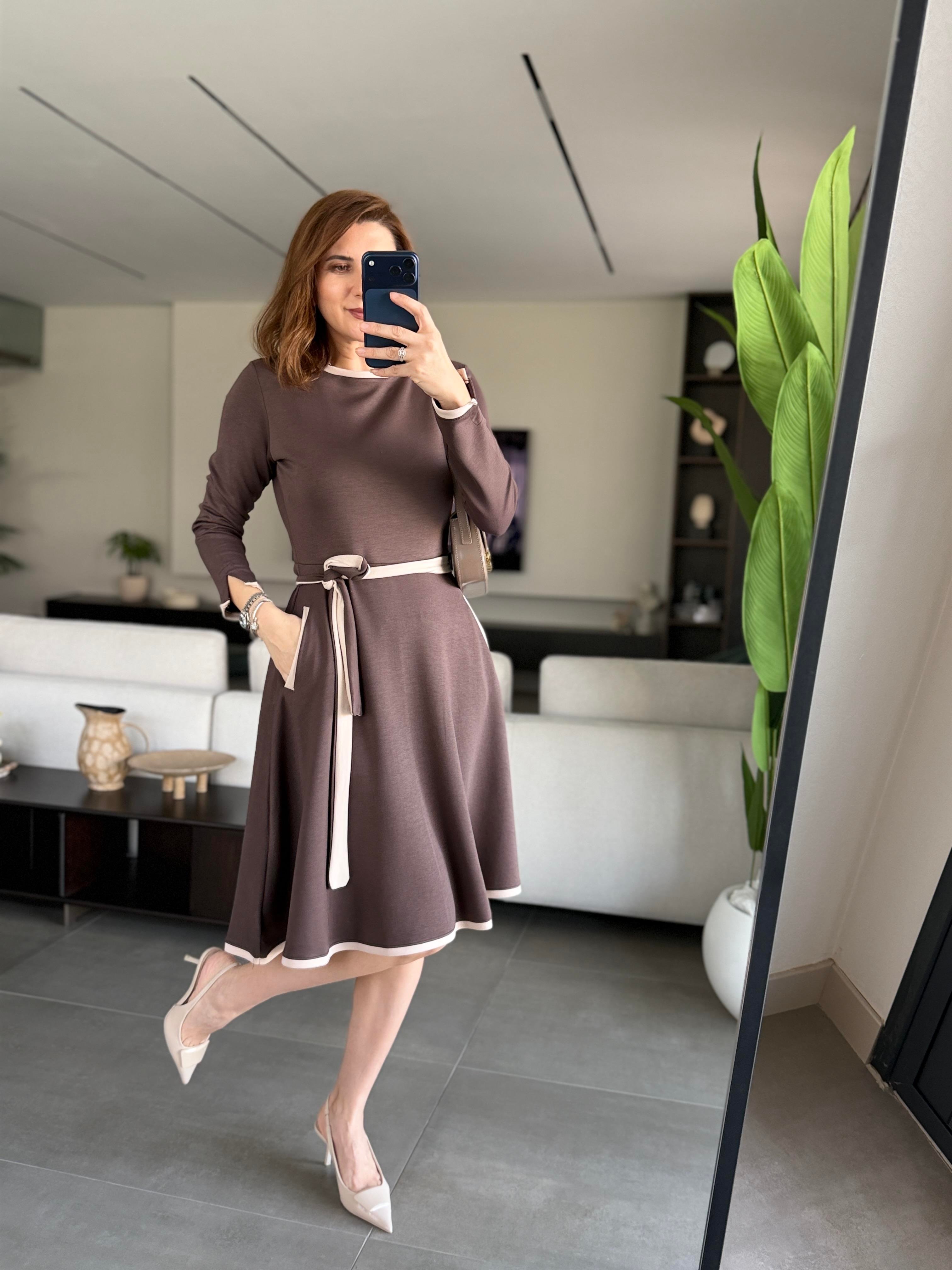 Acı Kahve Cepli Kuşaklı Modal Elbise