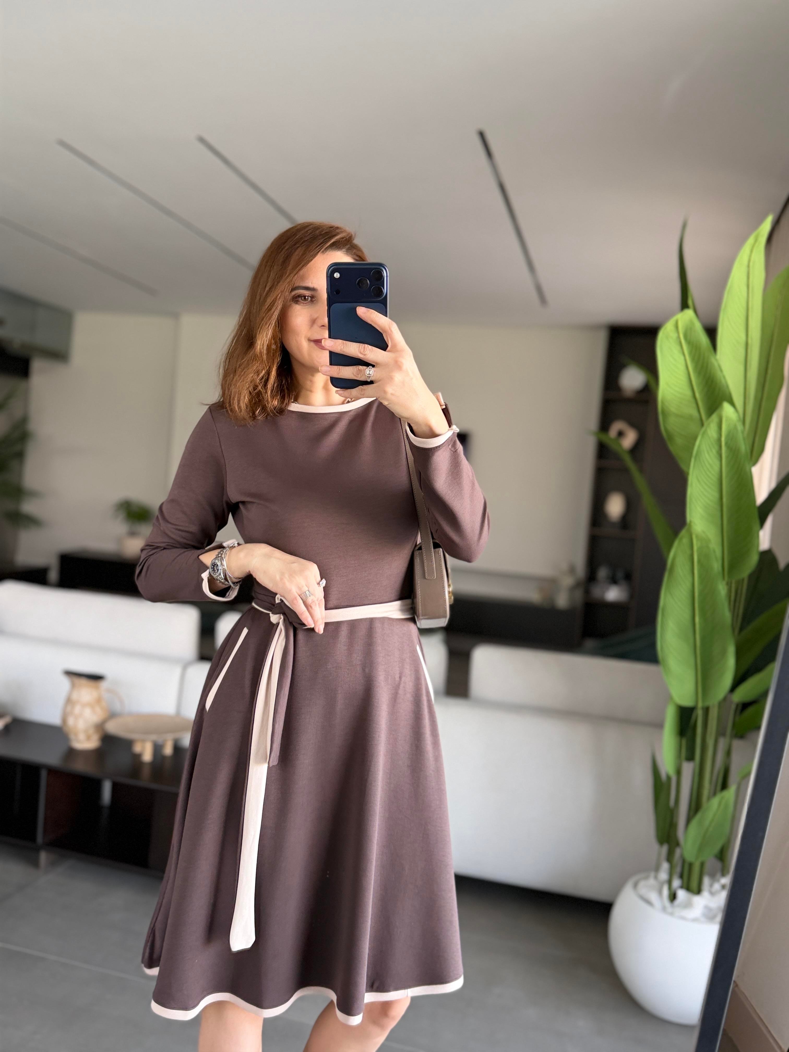 Acı Kahve Cepli Kuşaklı Modal Elbise