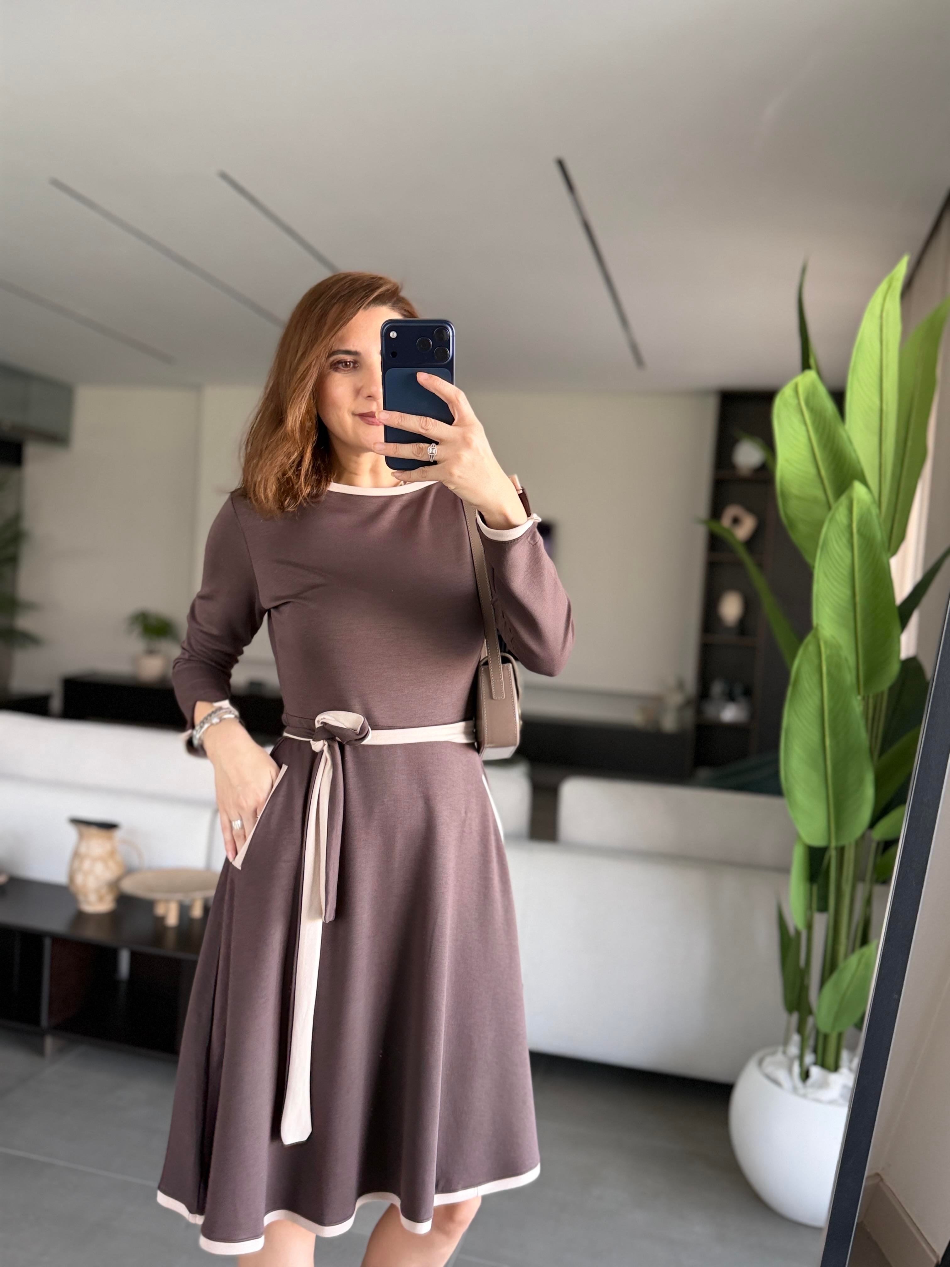 Acı Kahve Cepli Kuşaklı Modal Elbise