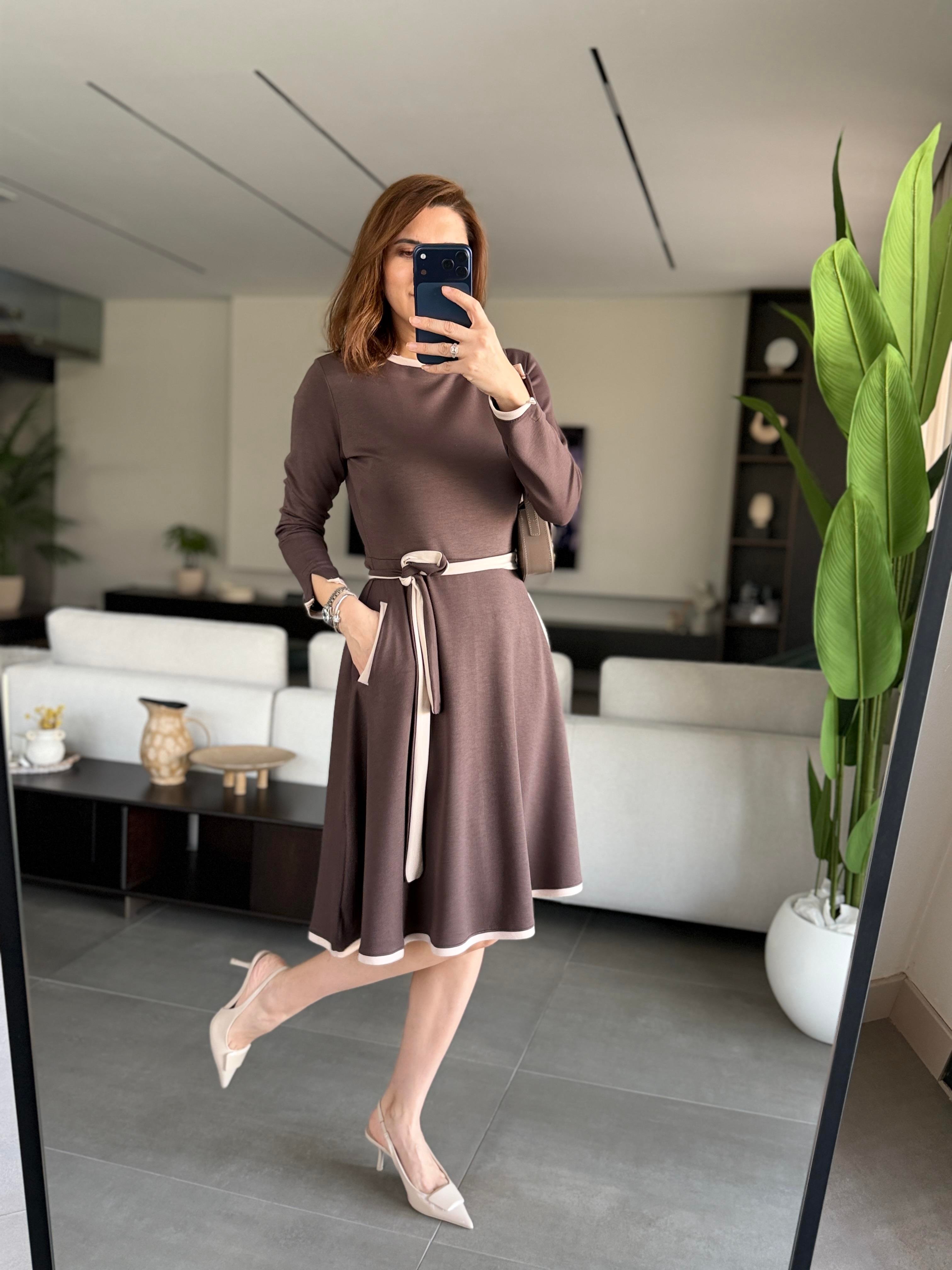 Acı Kahve Cepli Kuşaklı Modal Elbise