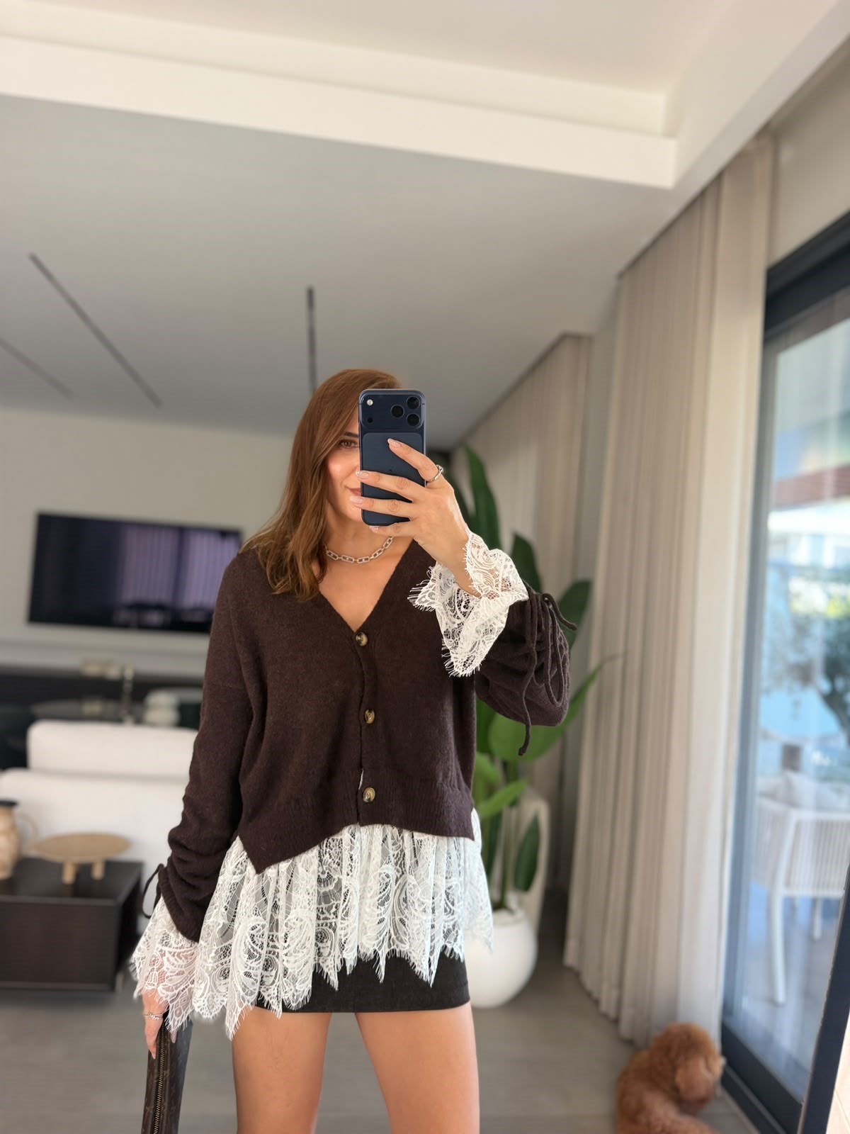 Acı Kahve Dantel Detay Triko Hırka