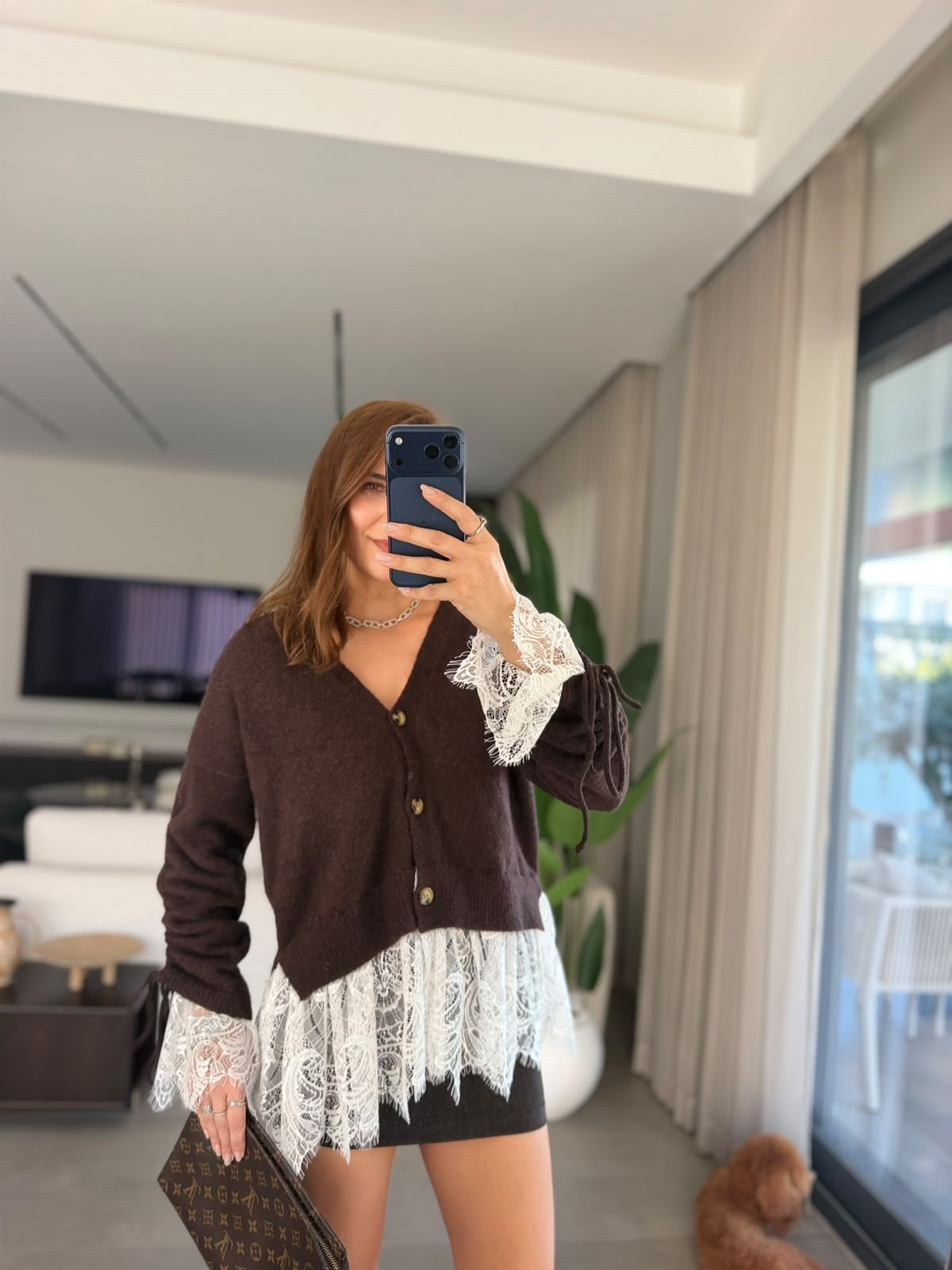 Acı Kahve Dantel Detay Triko Hırka