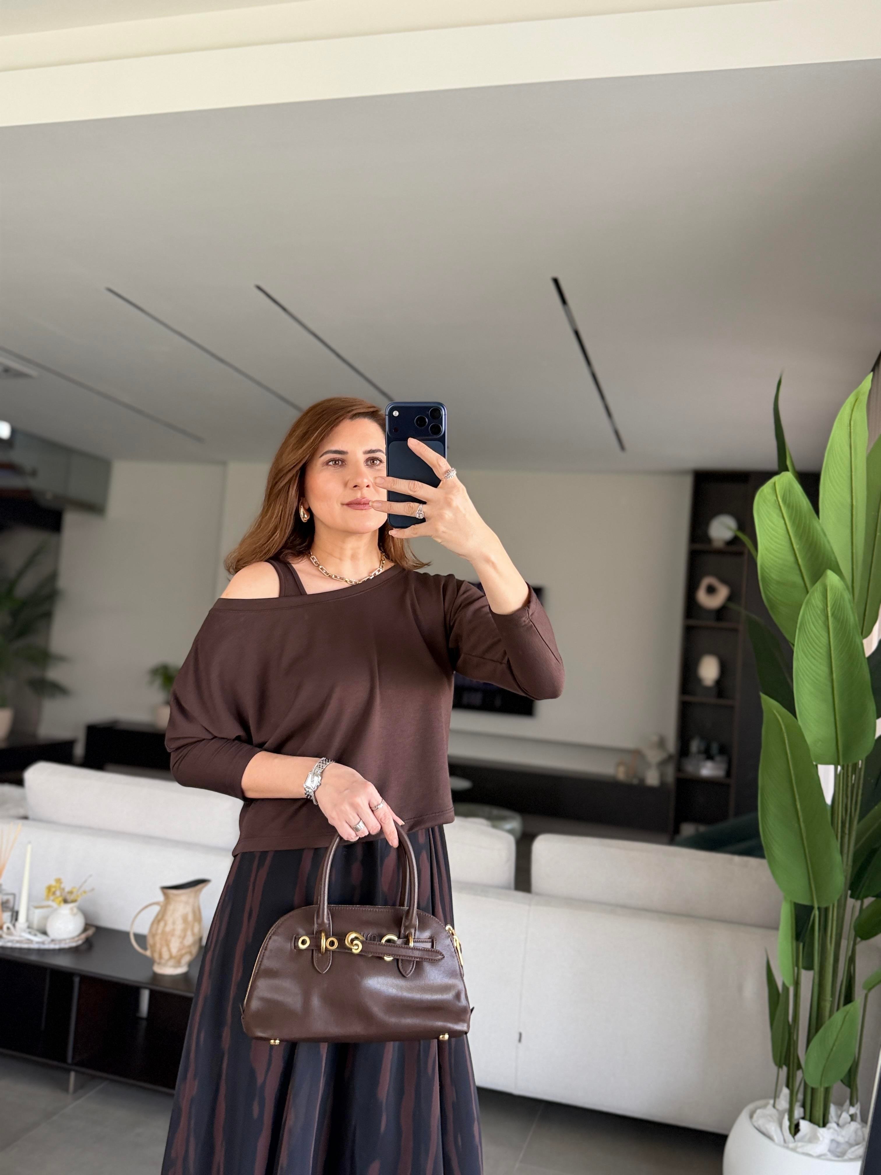 Acı Kahve Eteği Asimetrik Şifon Elbise