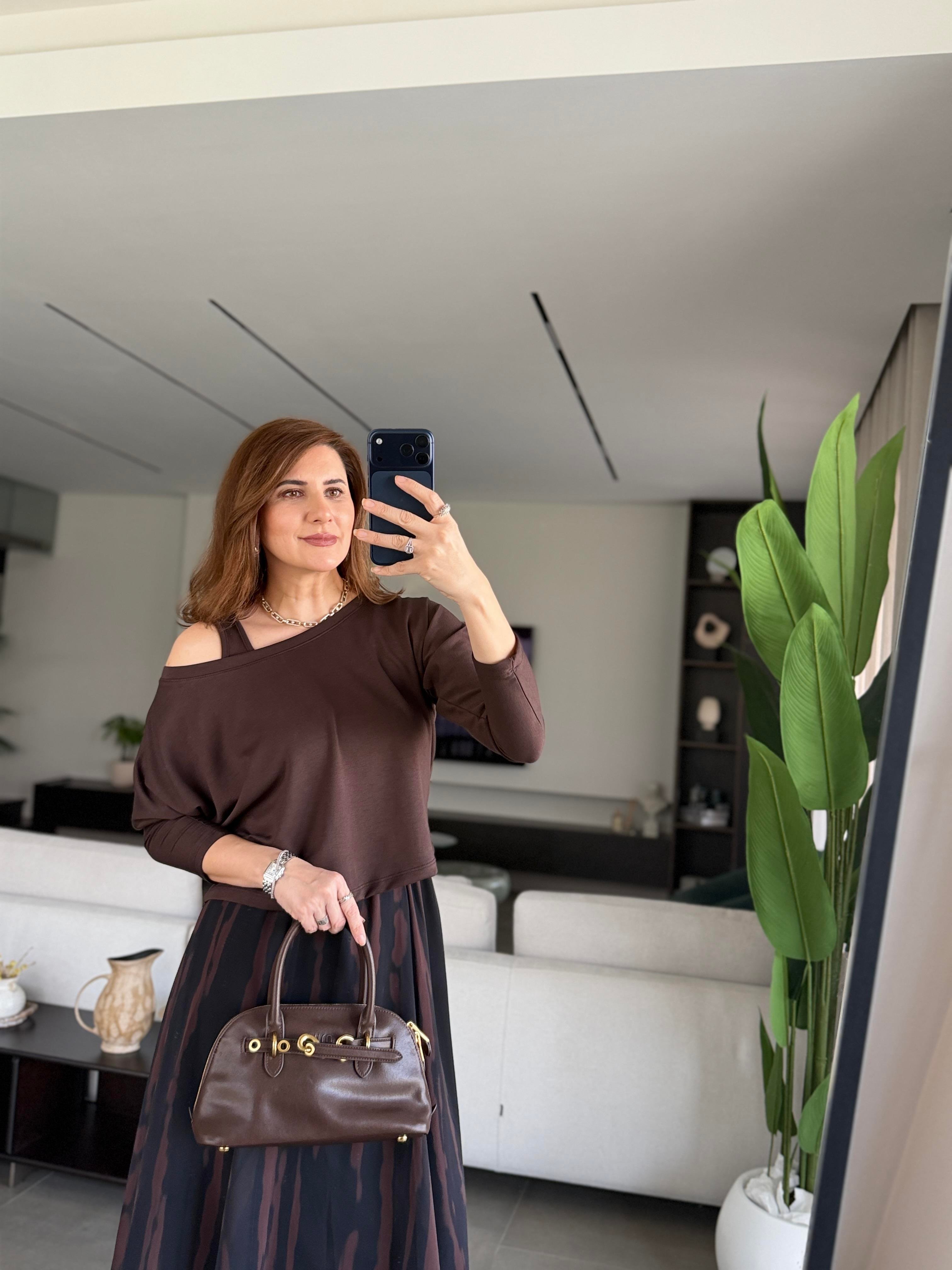 Acı Kahve Eteği Asimetrik Şifon Elbise