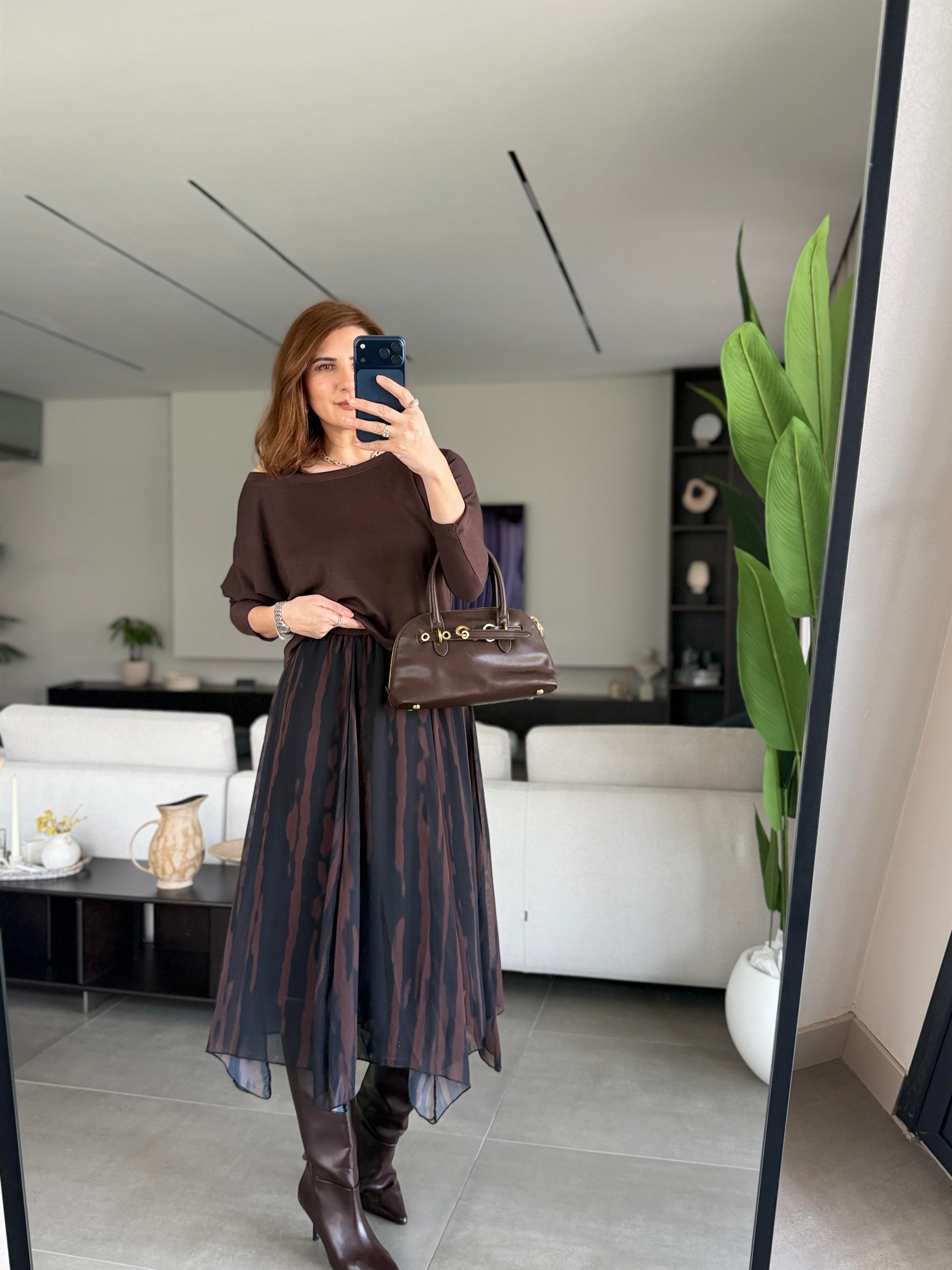 Acı Kahve Eteği Asimetrik Şifon Elbise