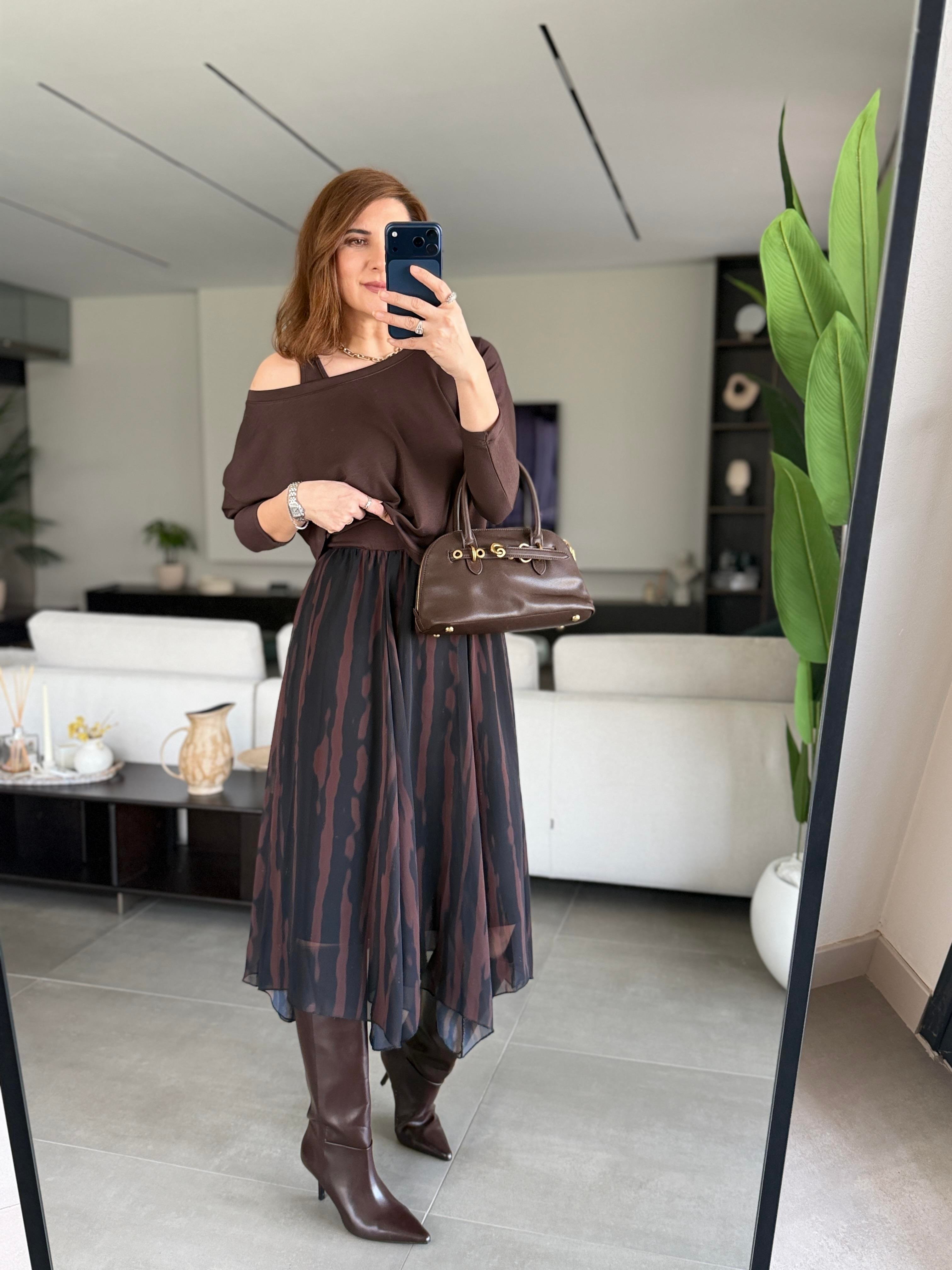 Acı Kahve Eteği Asimetrik Şifon Elbise