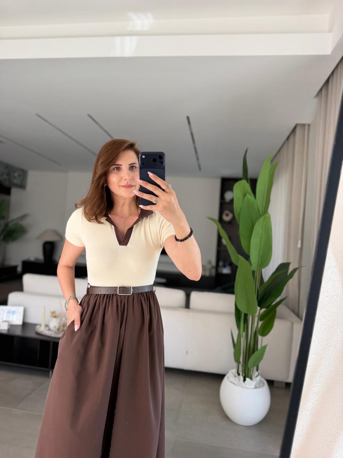 Acı Kahve Eteği Paraşüt V Yaka Kemerli Elbise