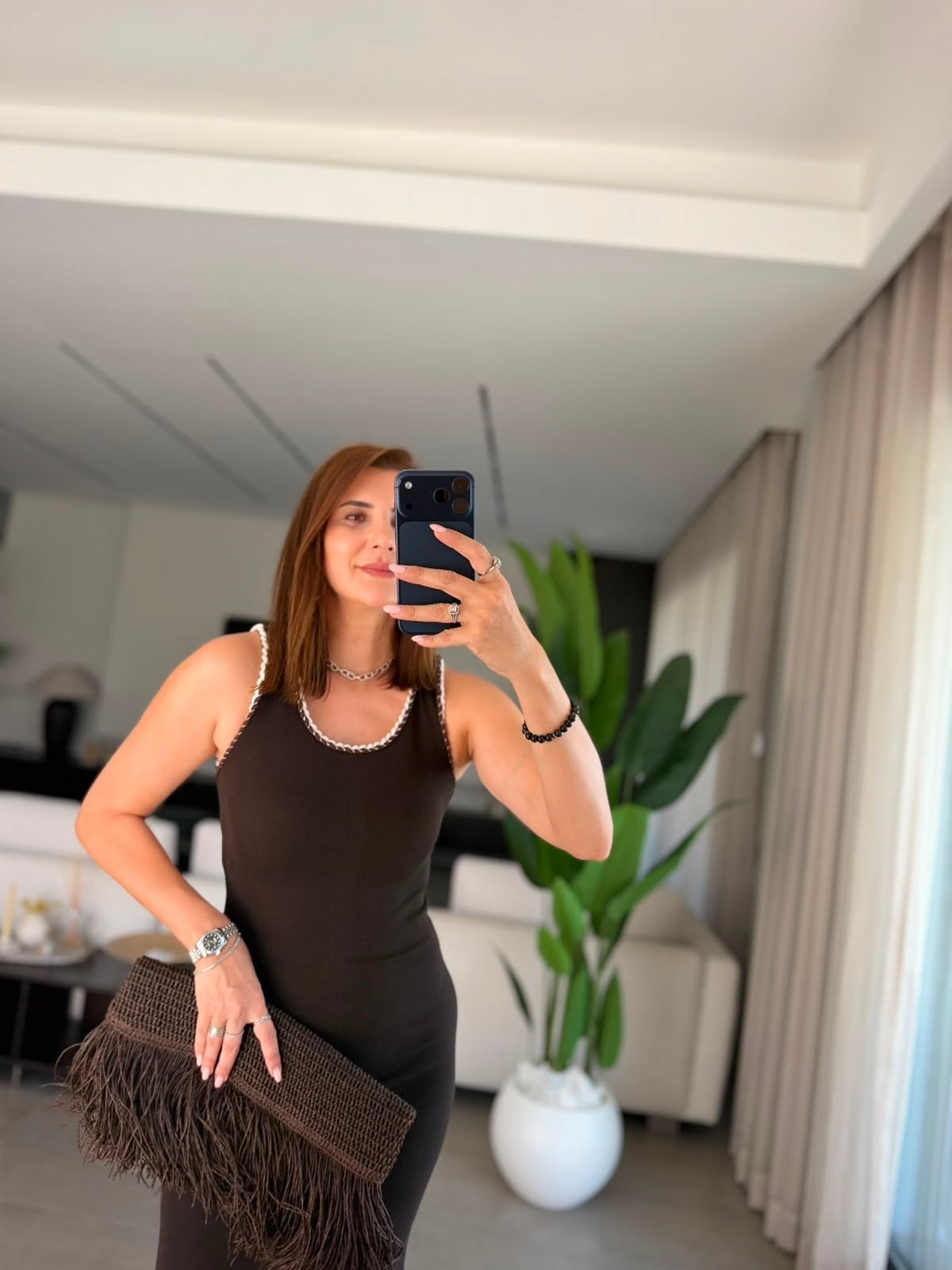 Acı Kahve Fitilli Örgü Detaylı Elbise