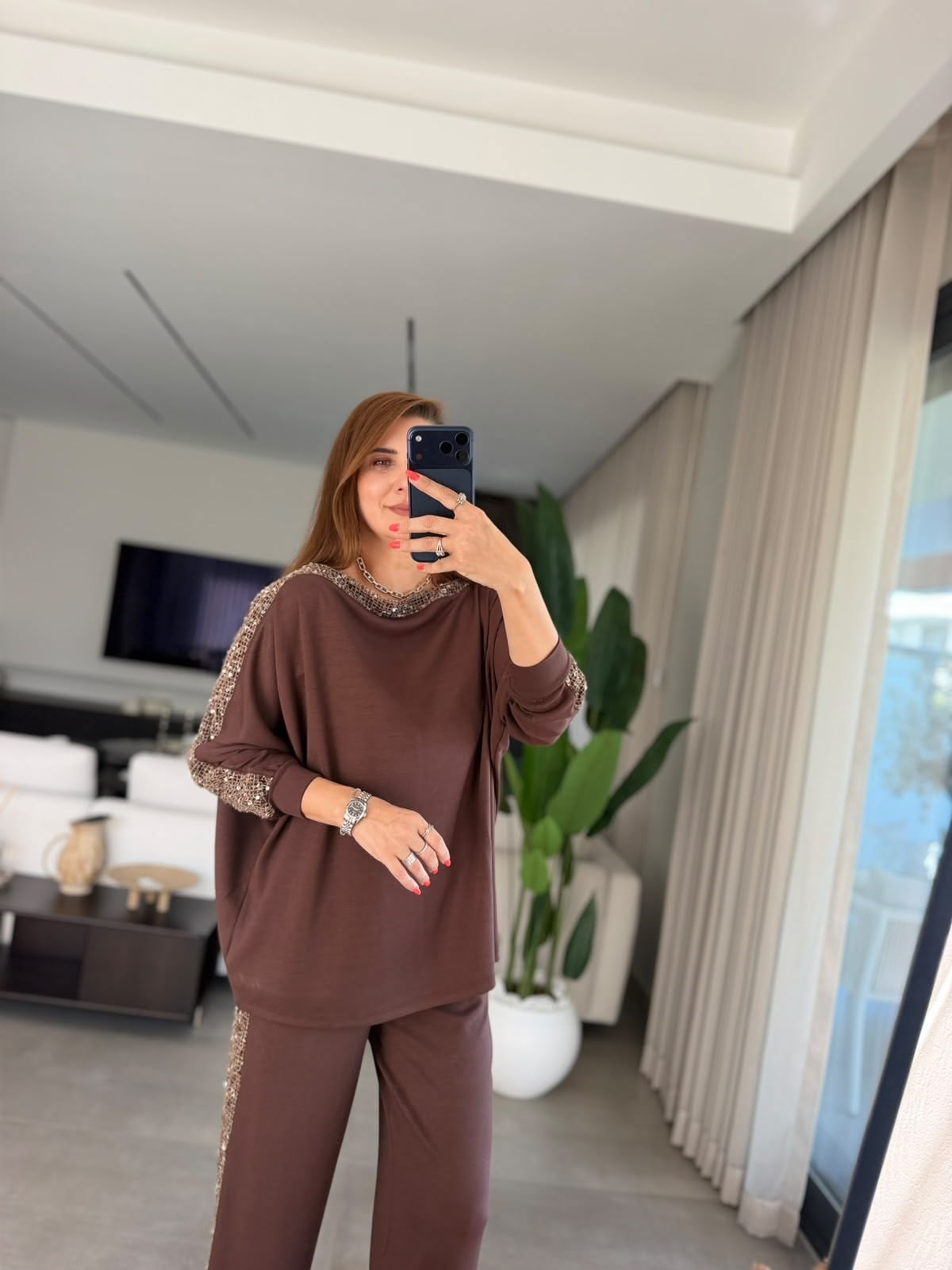 Acı Kahve Geniş Yaka Pul İşlemeli Takım