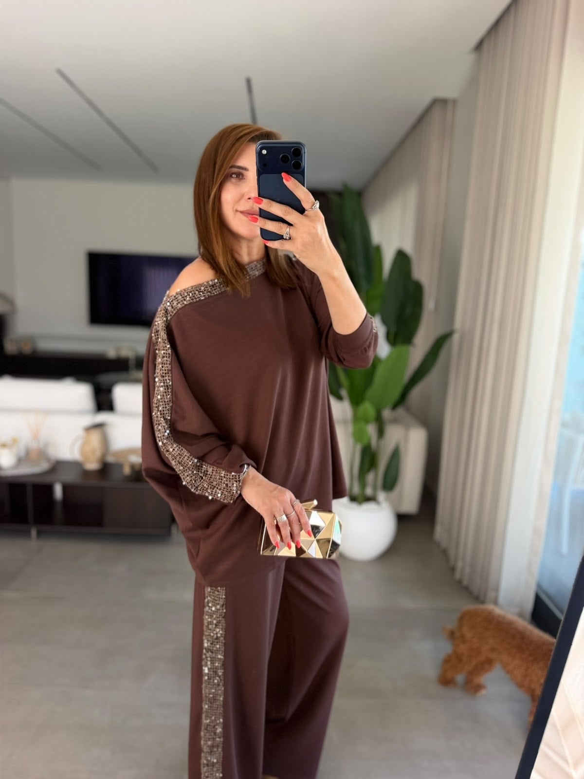 Acı Kahve Geniş Yaka Pul İşlemeli Takım
