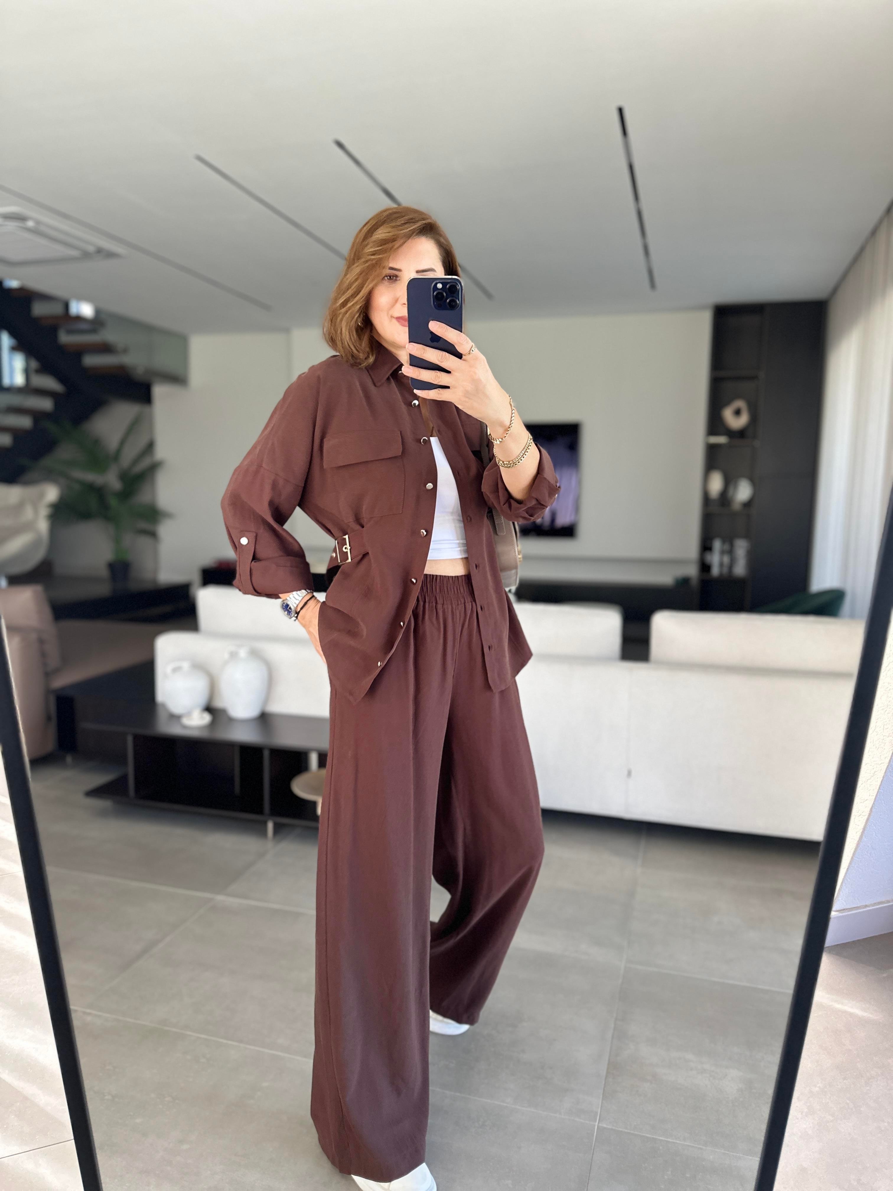 Acı Kahve Gömleği Tokalı Tencel Pantolonlu Takım