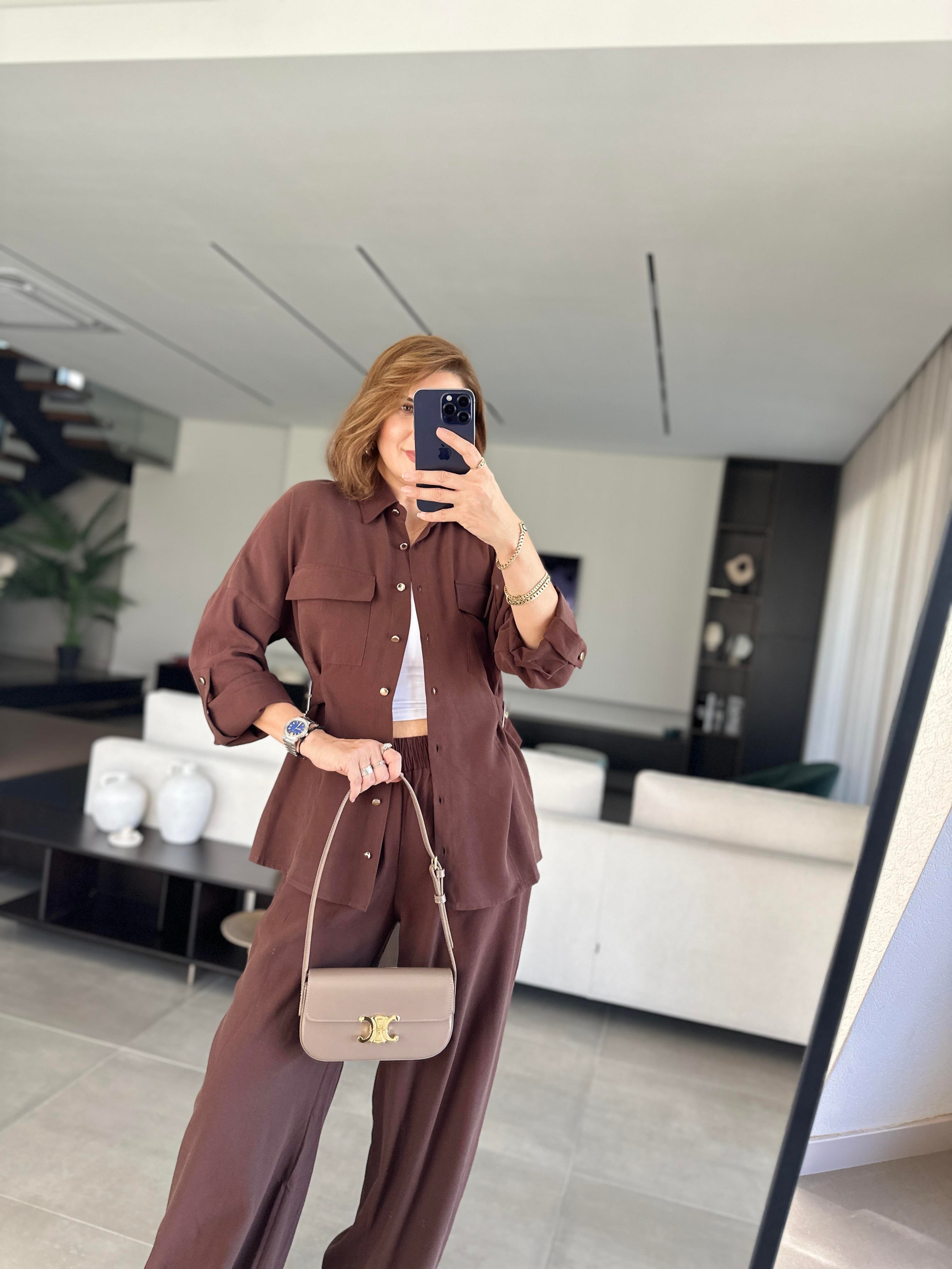 Acı Kahve Gömleği Tokalı Tencel Pantolonlu Takım