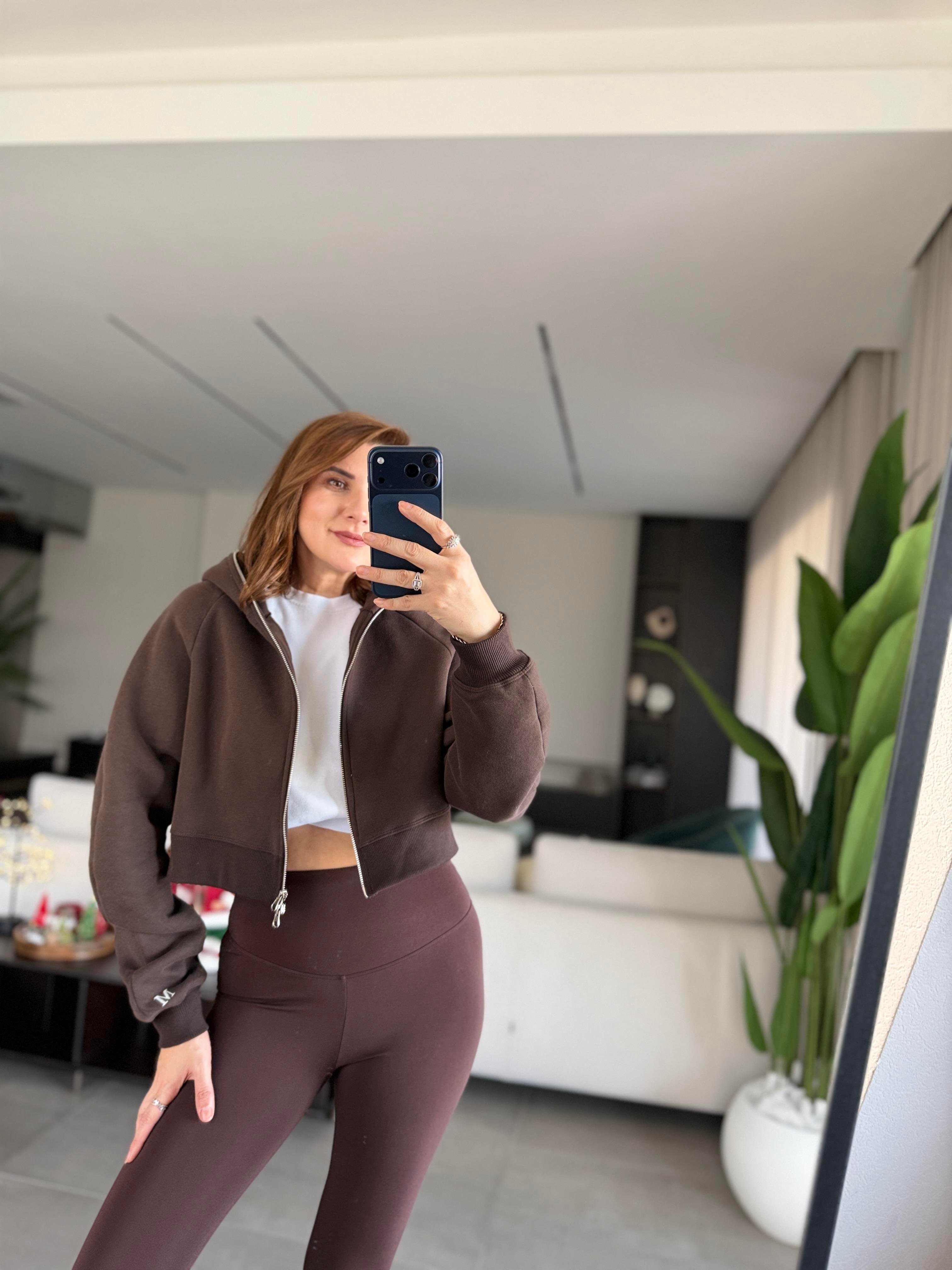 Acı Kahve  İçi Şardonlu Üç İplik Fermuarlı Ceket