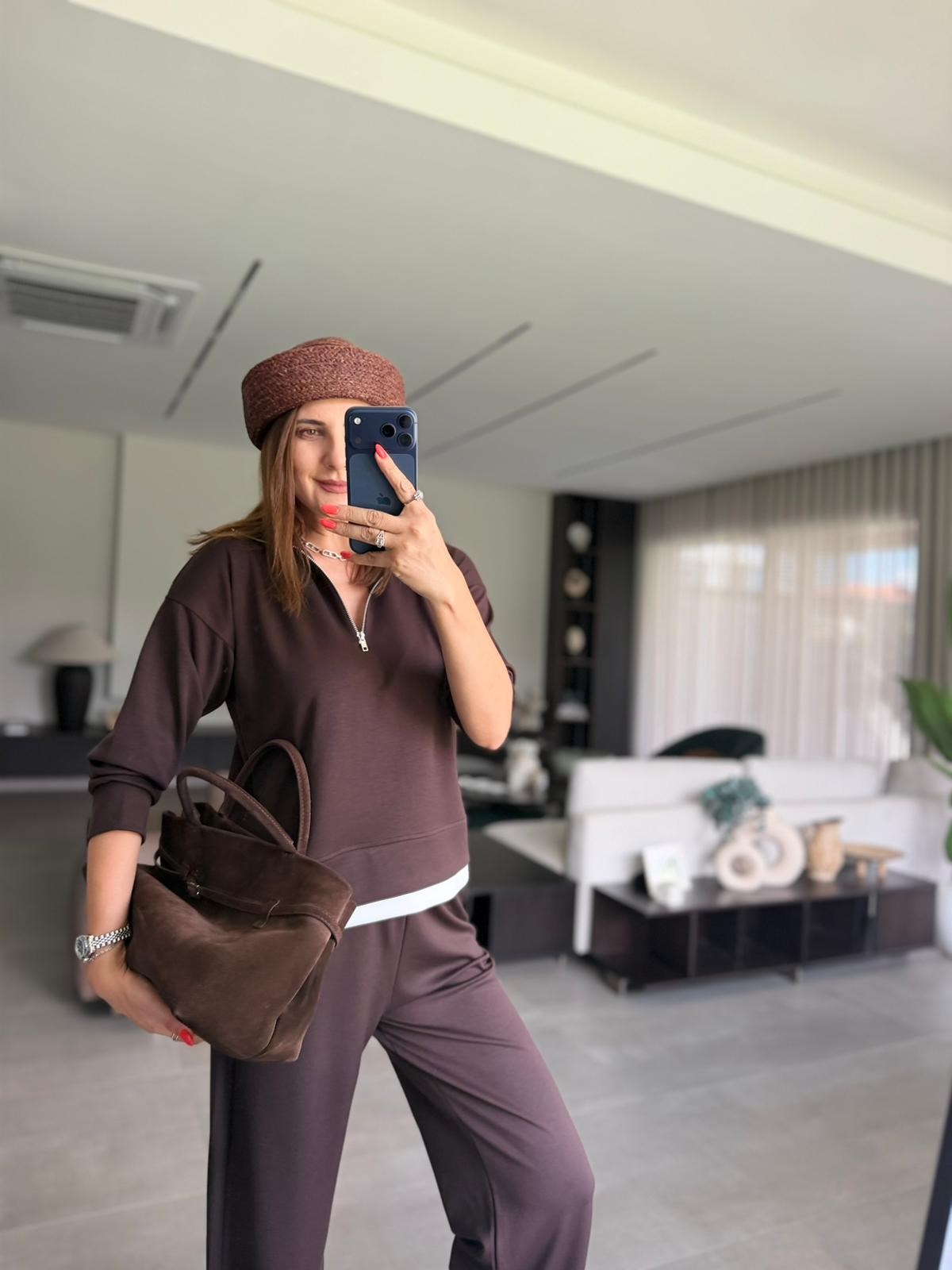 Acı Kahve  İki Fermuar Detaylı Paçası Bol Pantolon Takım