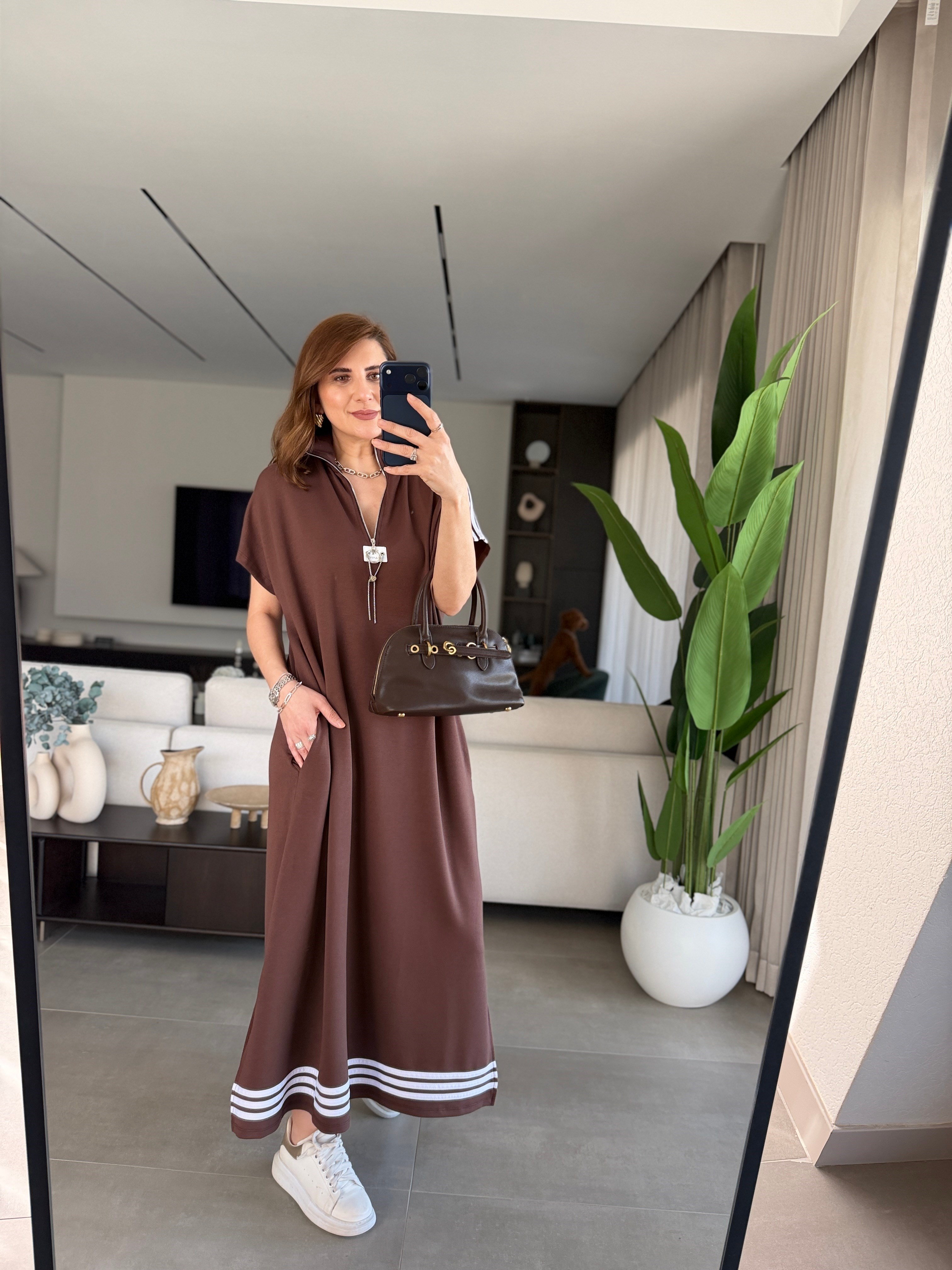 Acı Kahve İki İplik Şeritli Elbise