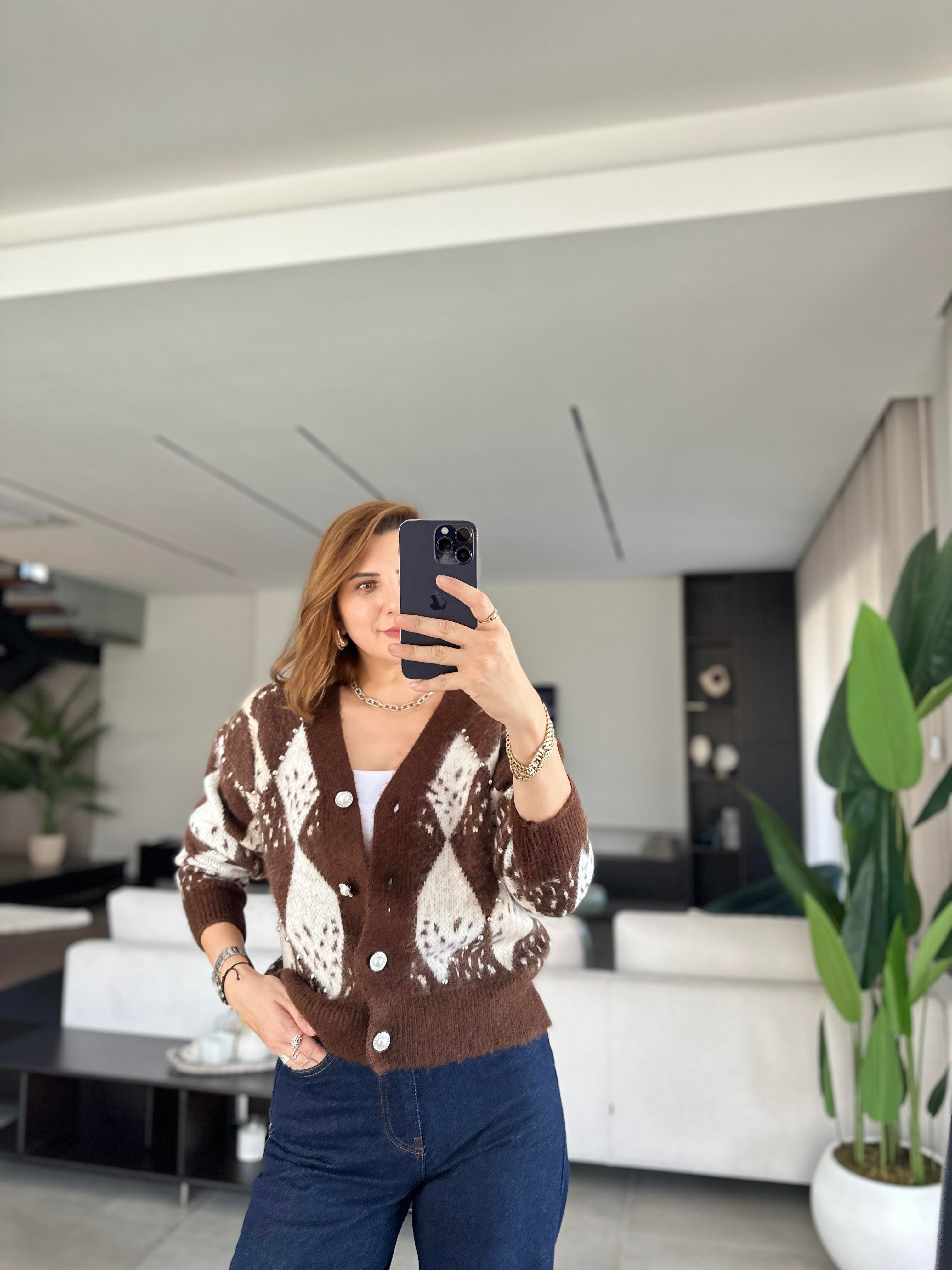 Acı Kahve İncili Taşlı Premium Hırka