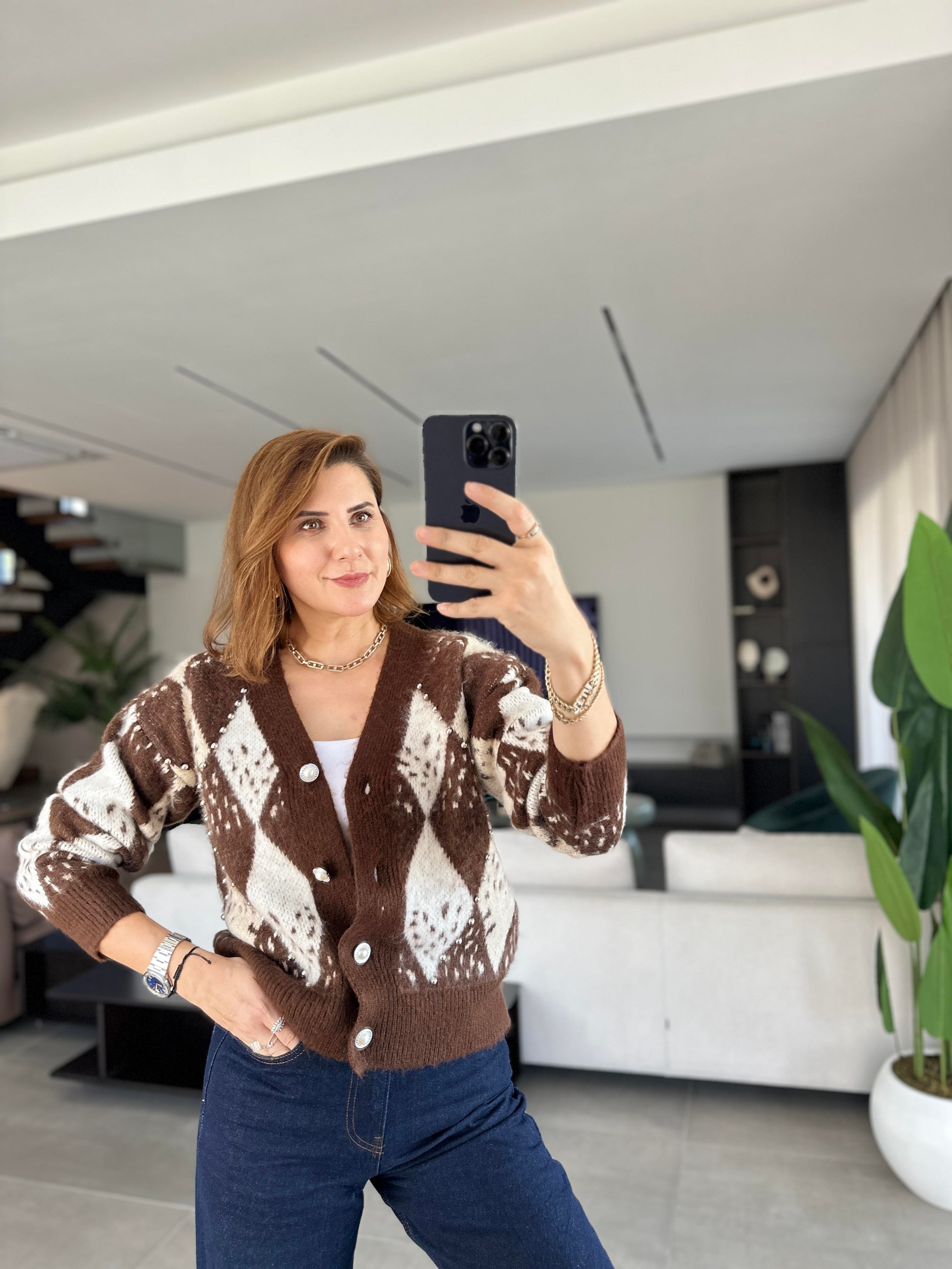 Acı Kahve İncili Taşlı Premium Hırka