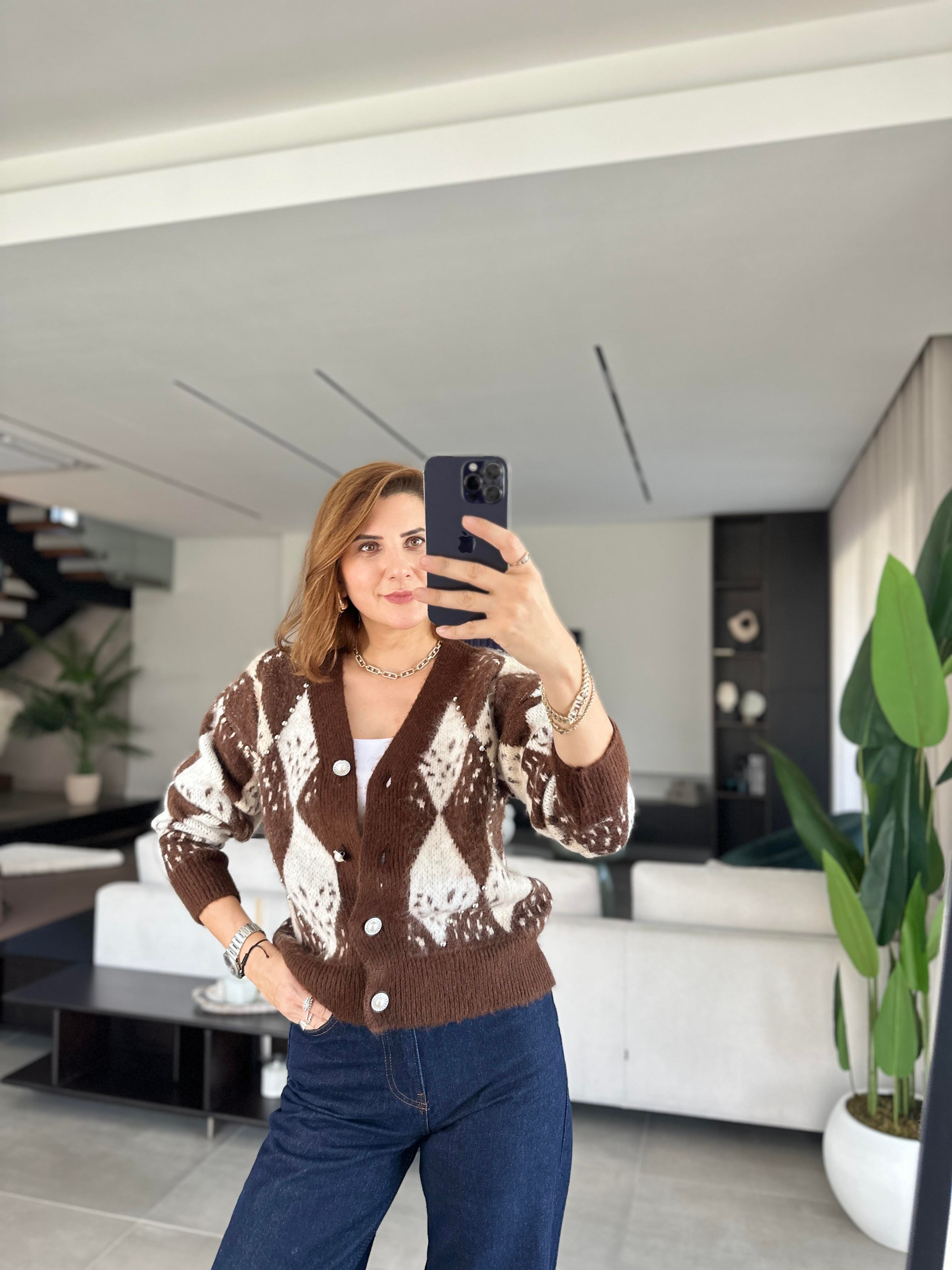 Acı Kahve İncili Taşlı Premium Hırka