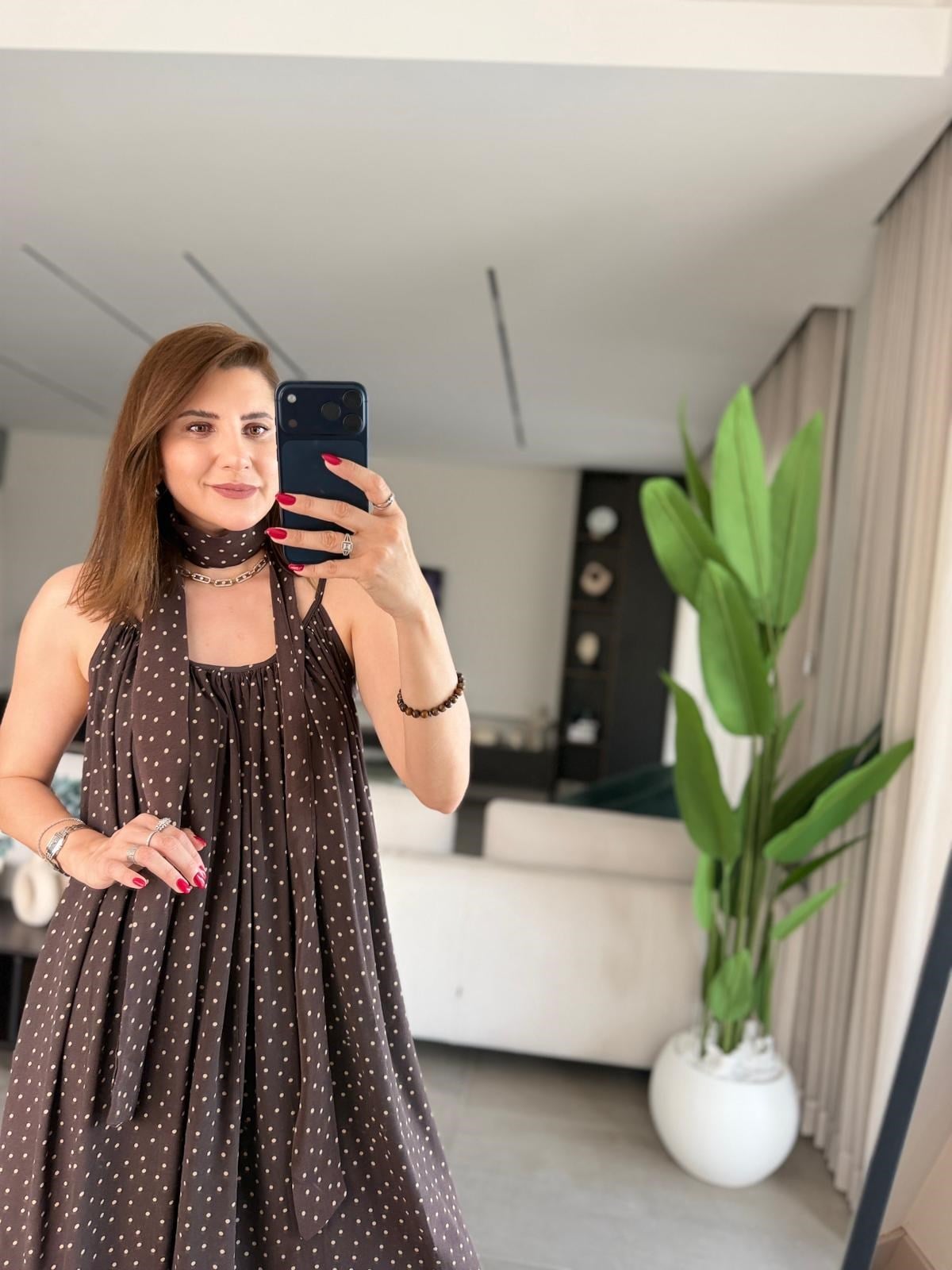 Acı Kahve İp Askılı Kemer Detaylı Puantiyeli Elbise