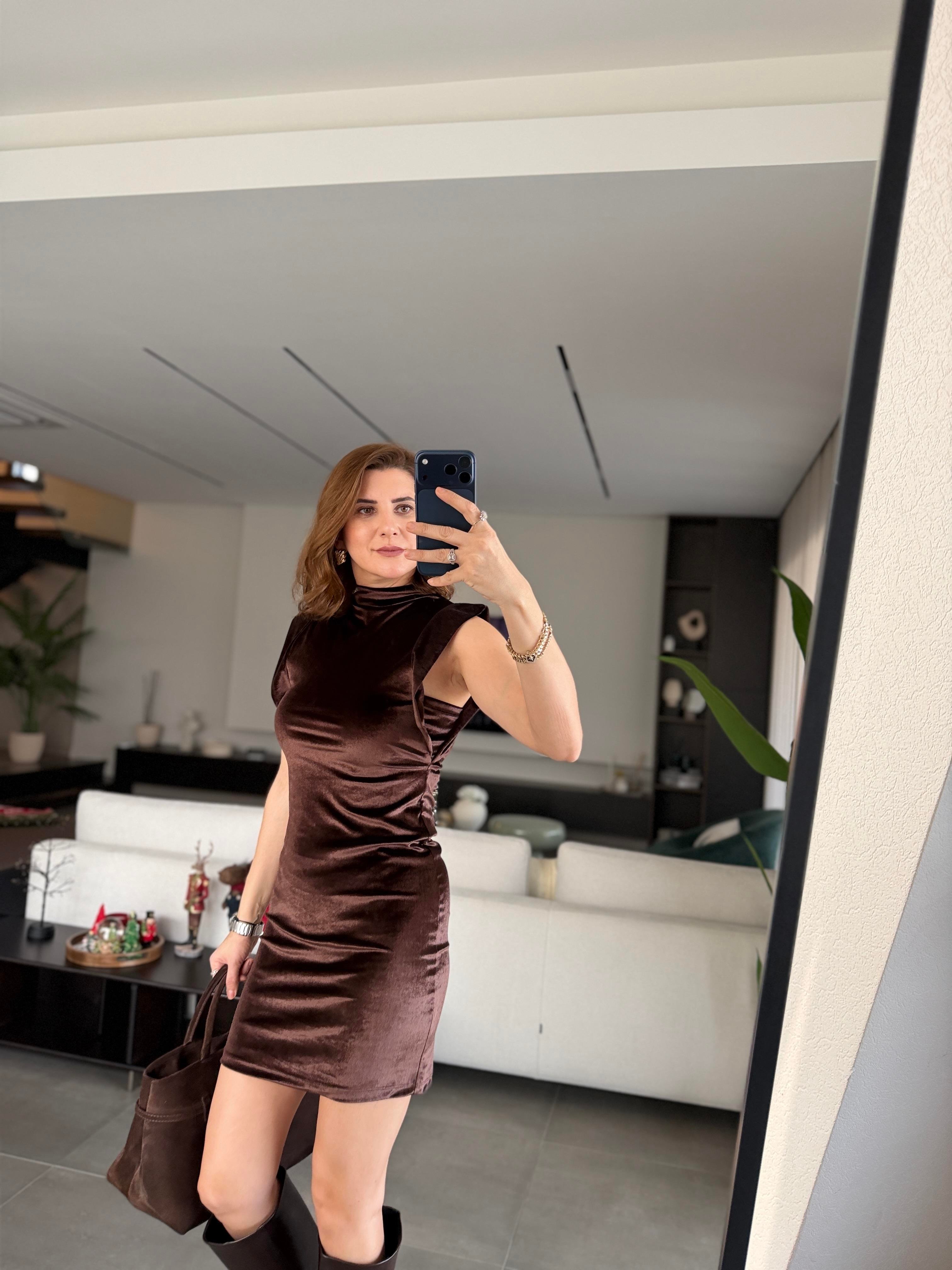 Acı Kahve Kadife Kolsuz Elbise