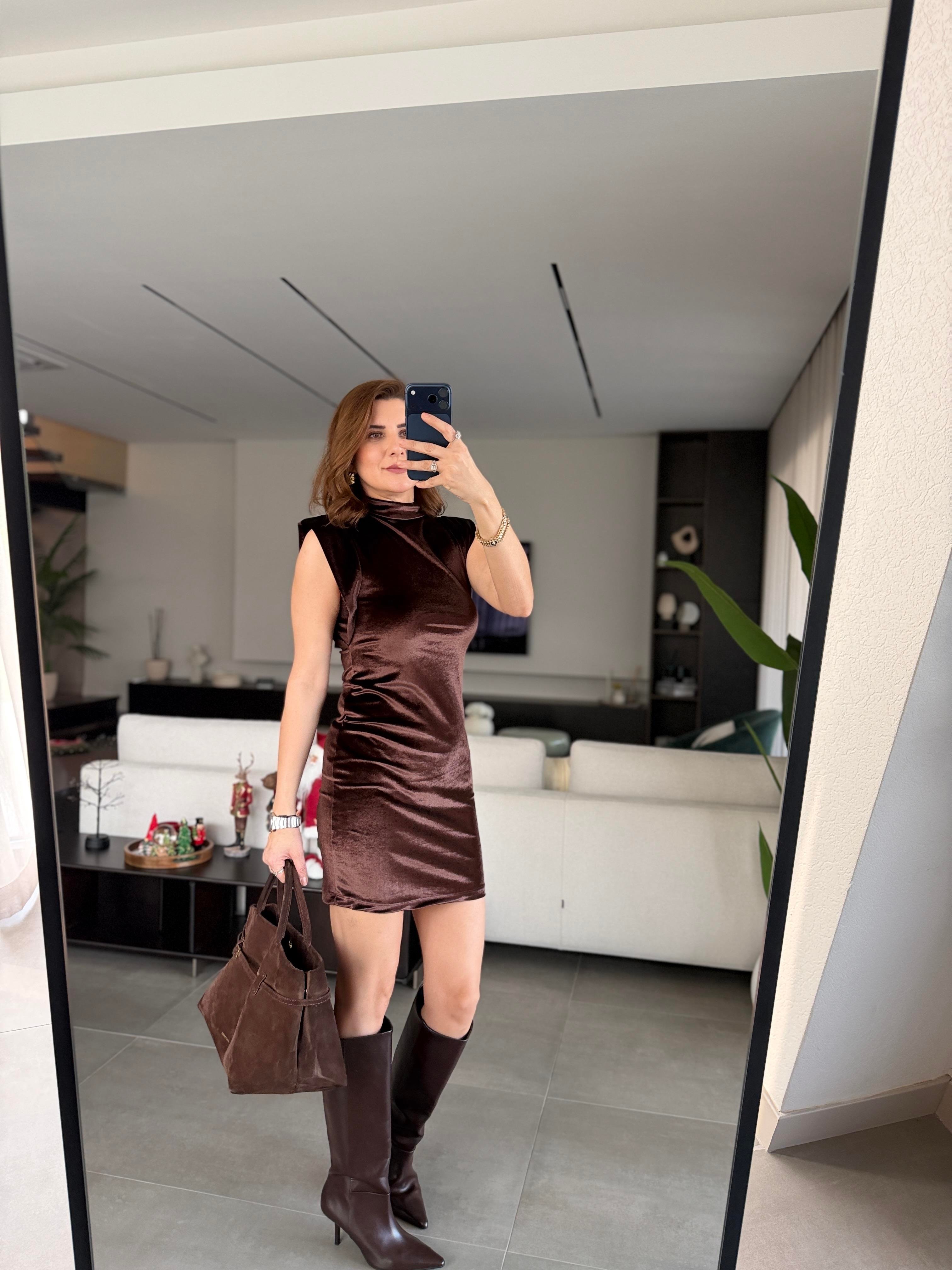 Acı Kahve Kadife Kolsuz Elbise