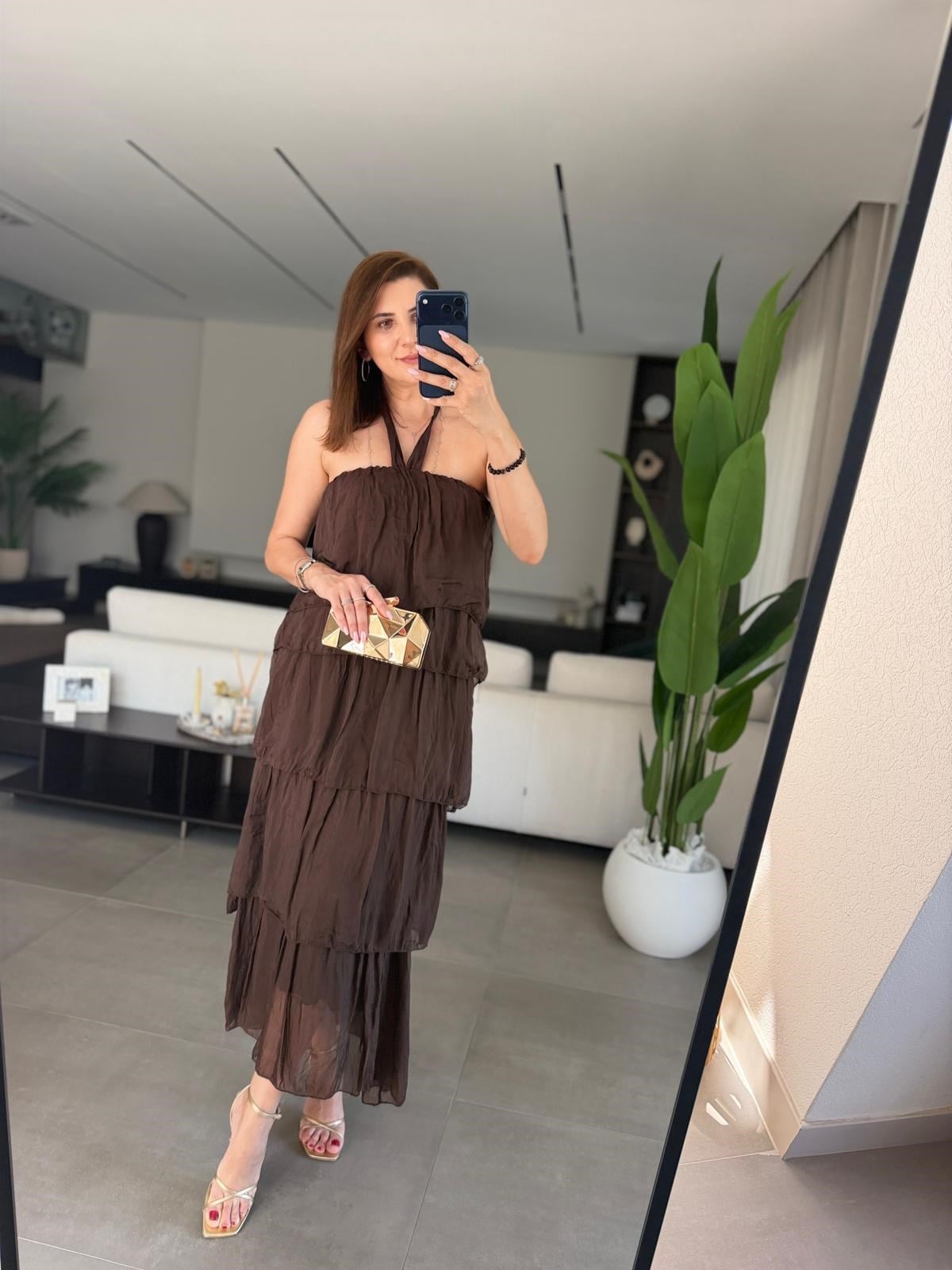 Acı Kahve  Katkat Model Askılı İpek Elbise