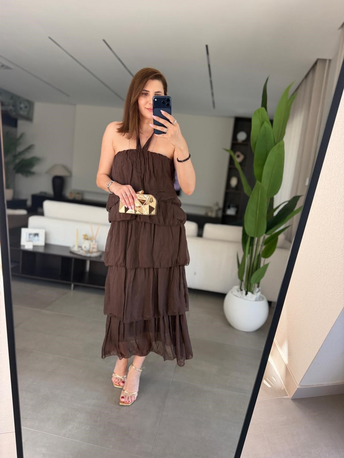 Acı Kahve  Katkat Model Askılı İpek Elbise