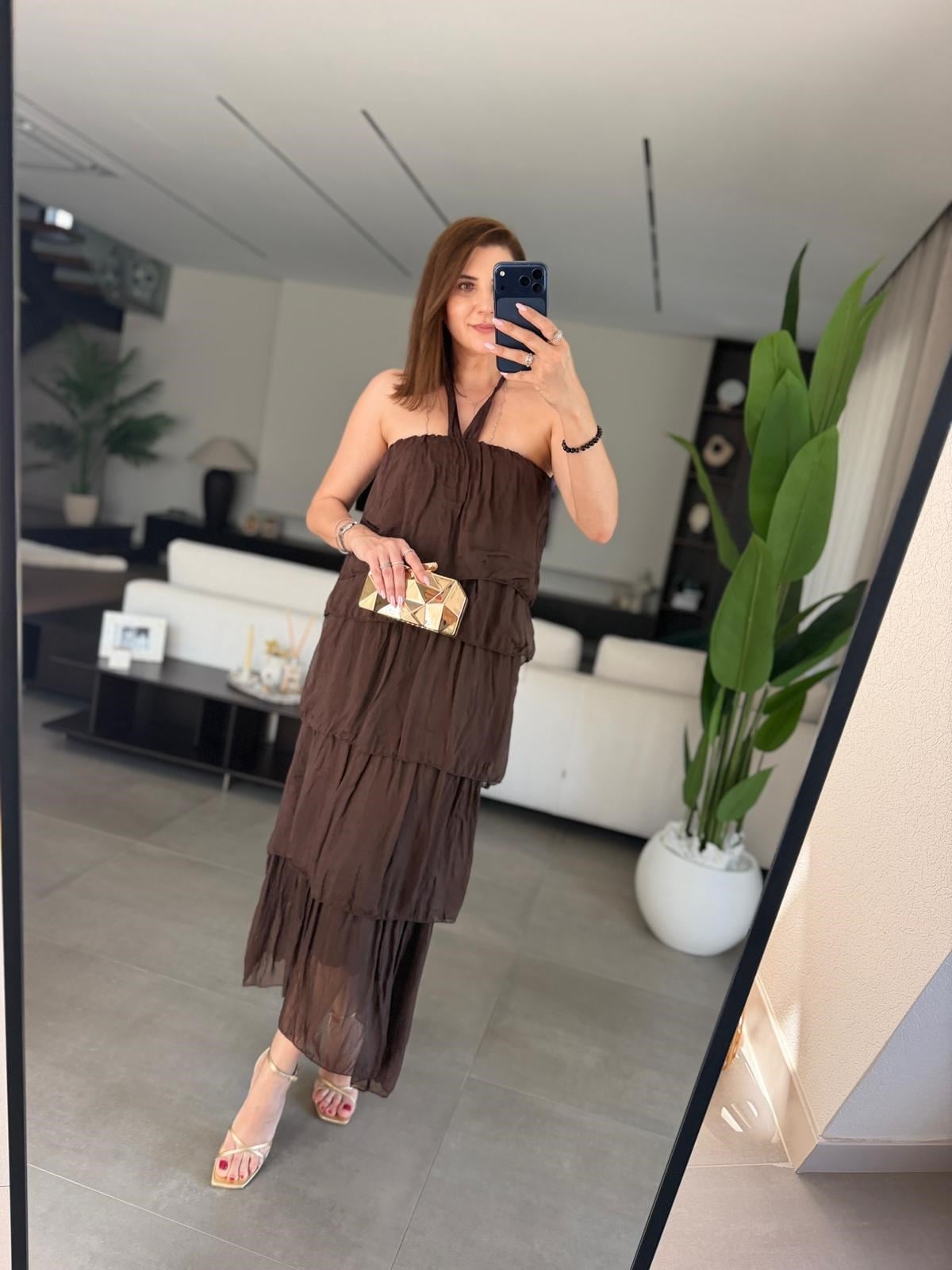 Acı Kahve  Katkat Model Askılı İpek Elbise