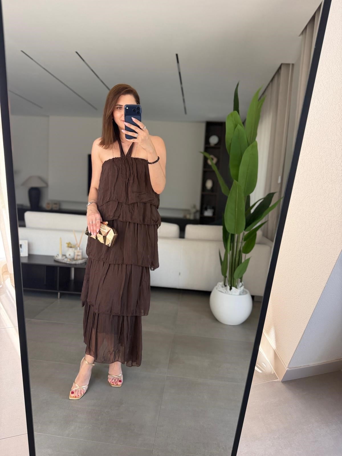 Acı Kahve  Katkat Model Askılı İpek Elbise