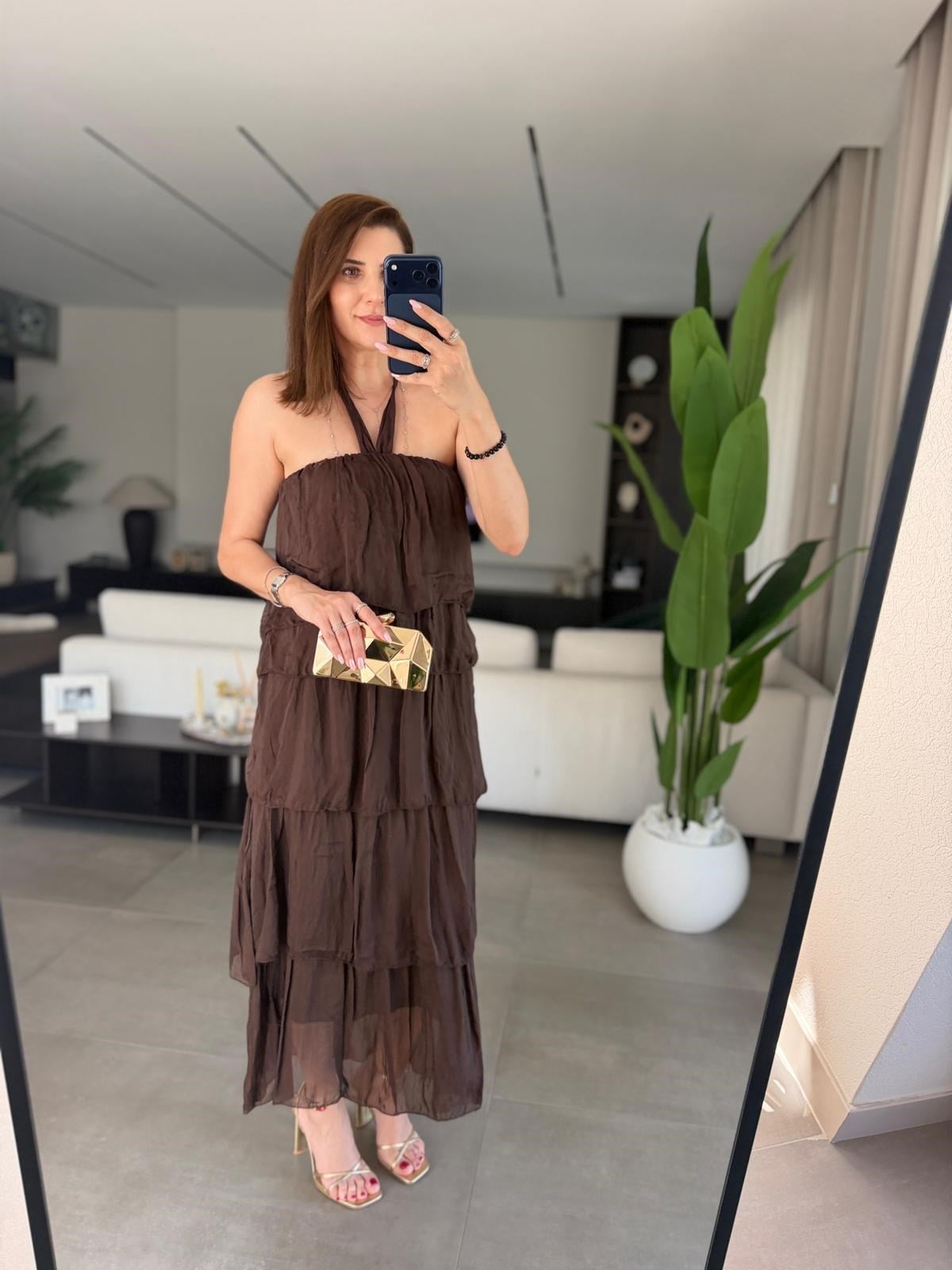 Acı Kahve  Katkat Model Askılı İpek Elbise