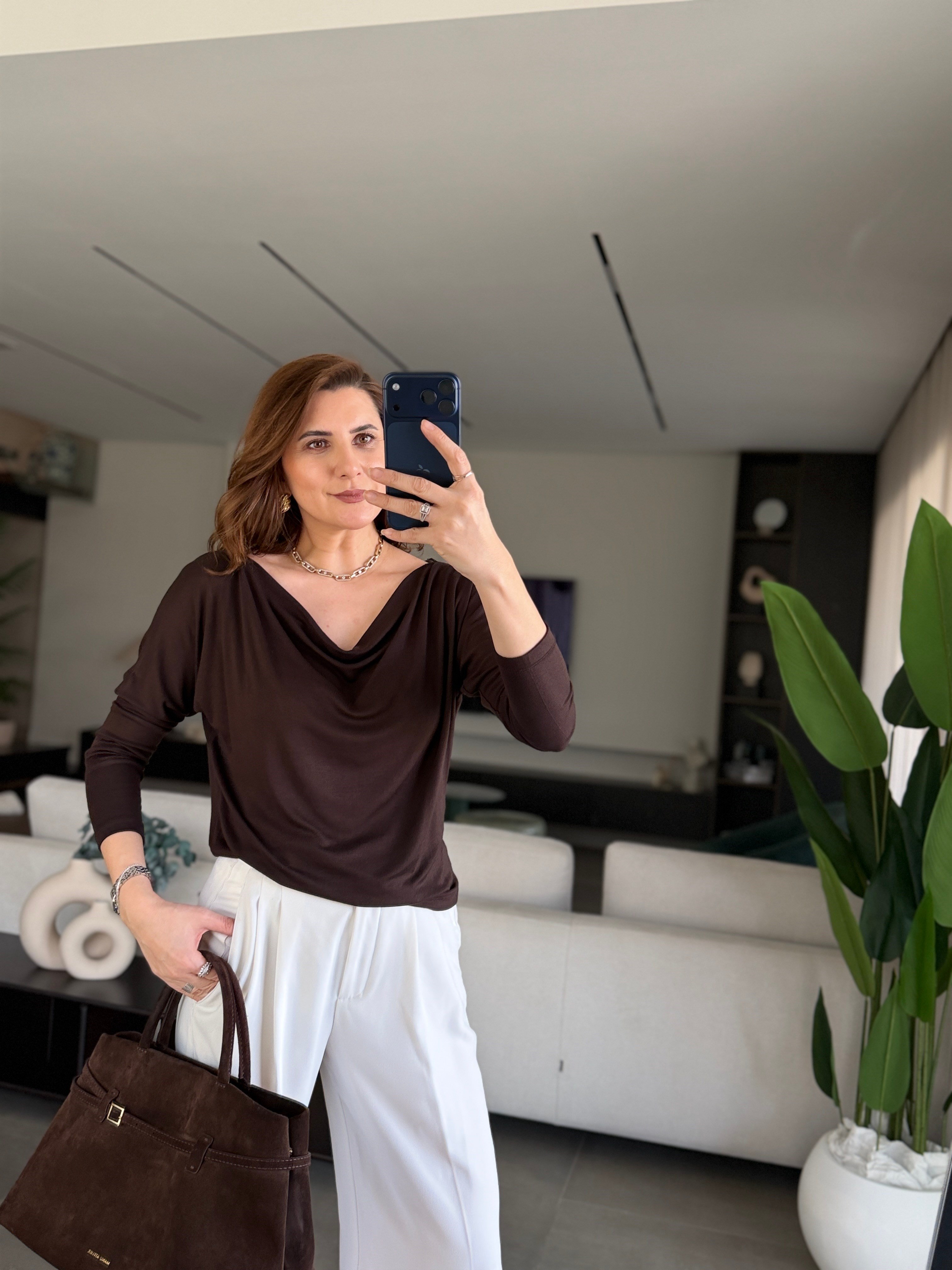 Acı Kahve Kayık Yaka Düşük Omuz Salaş Bluz