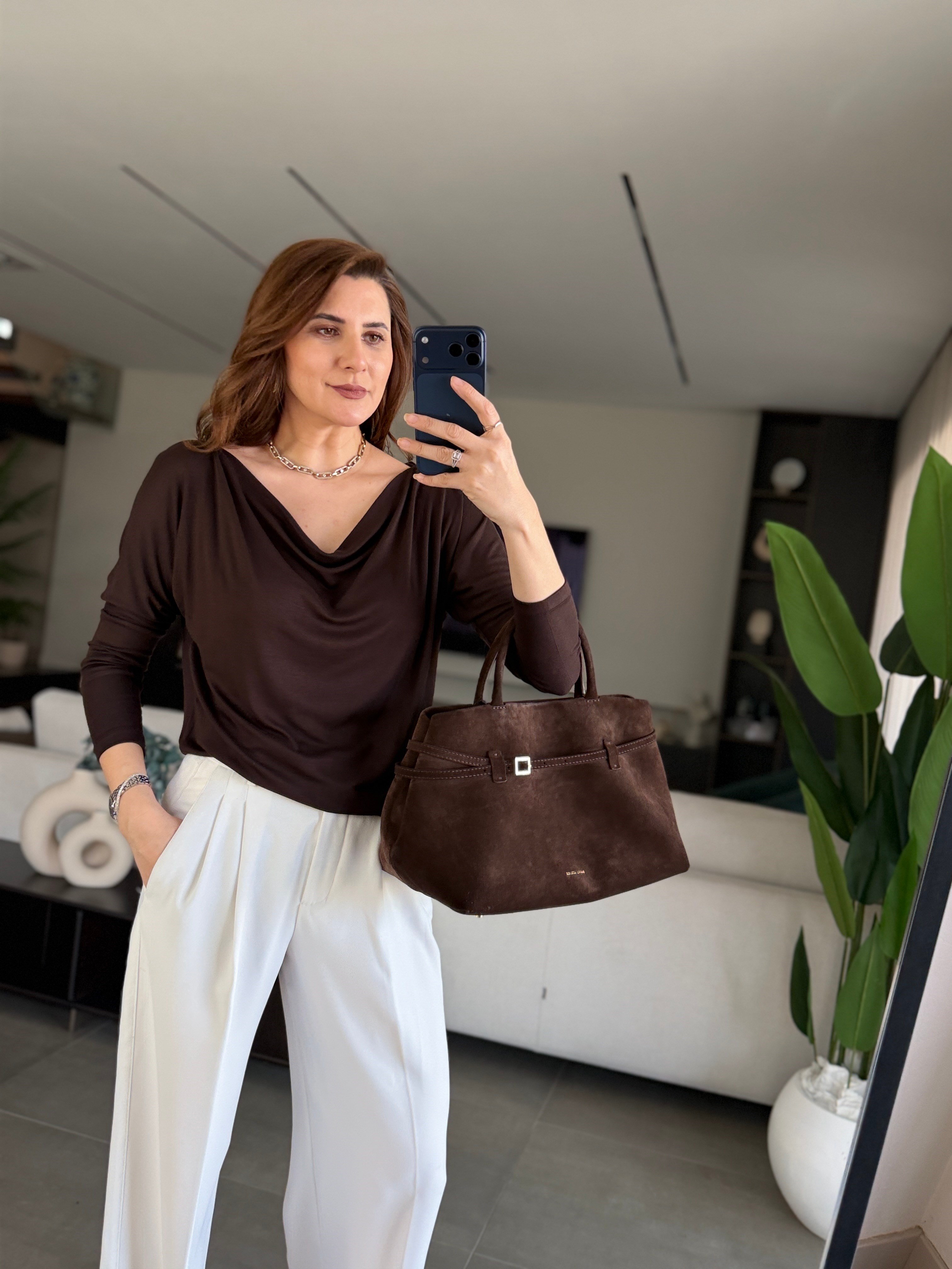 Acı Kahve Kayık Yaka Düşük Omuz Salaş Bluz