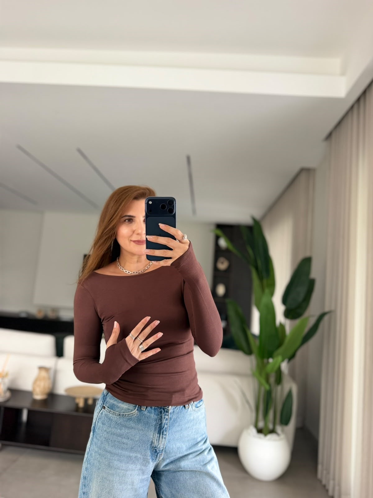 Acı Kahve  Kayık Yaka Parmak Geçmeli Bluz