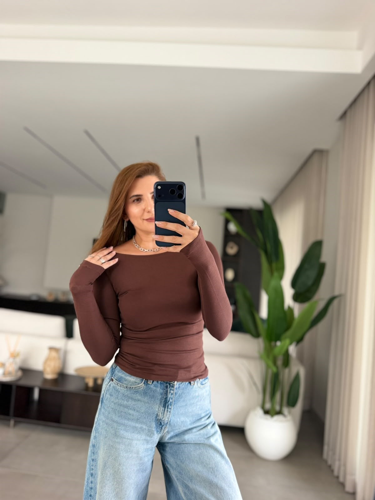 Acı Kahve  Kayık Yaka Parmak Geçmeli Bluz