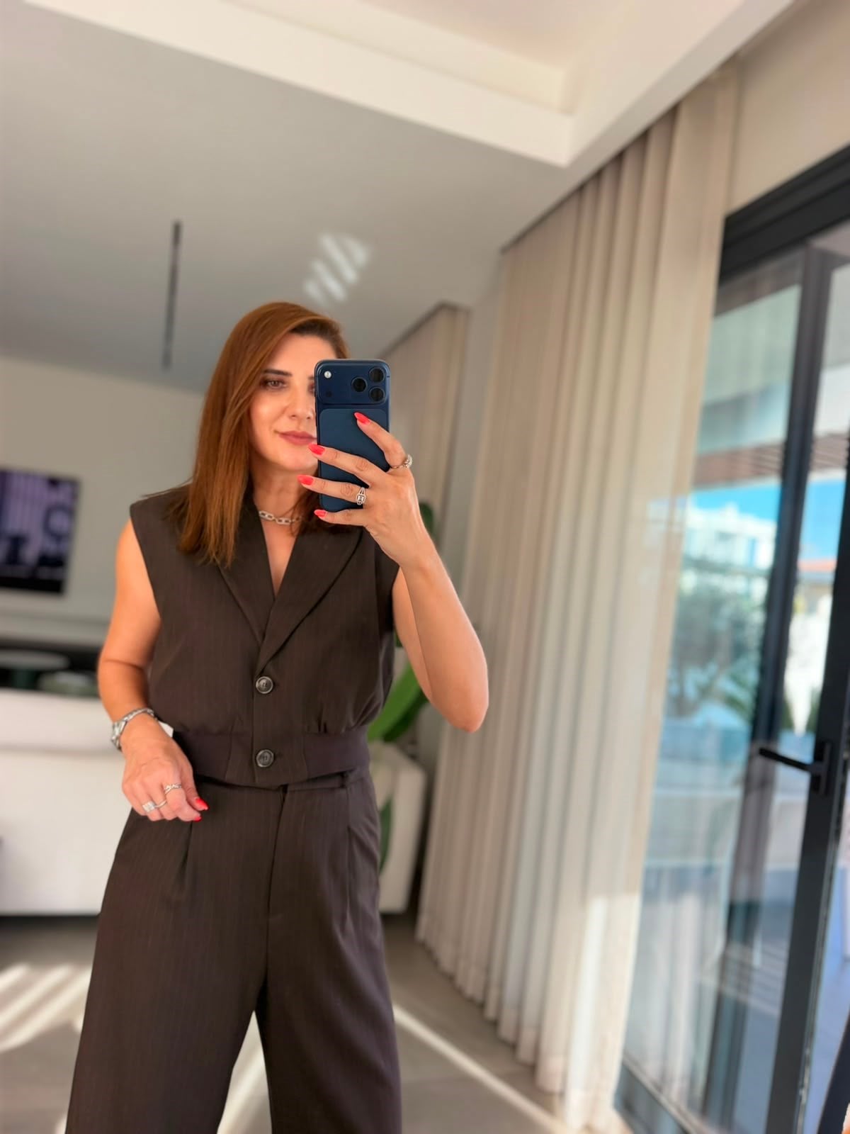 Acı Kahve Kendinden Çizgili Yelek Takım