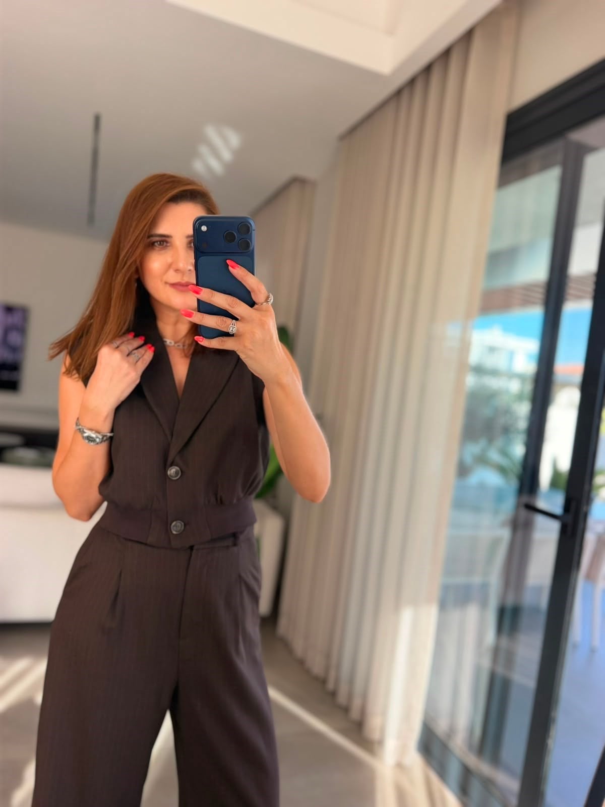 Acı Kahve Kendinden Çizgili Yelek Takım