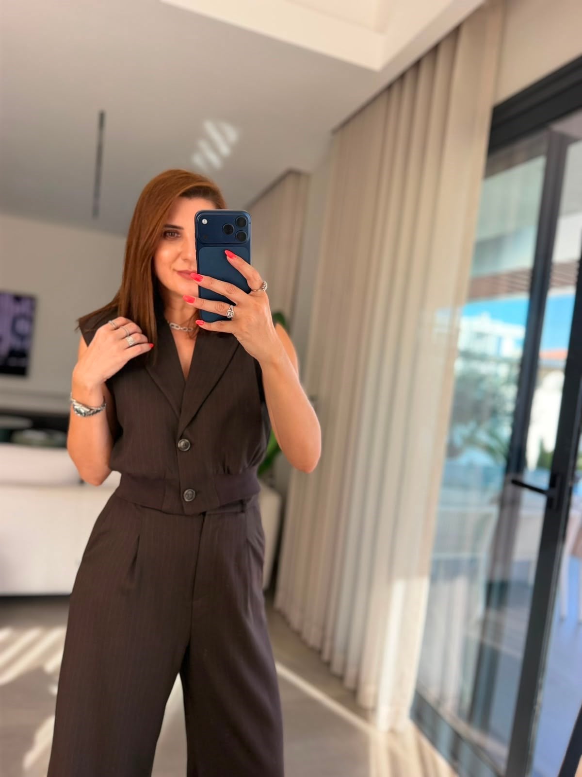 Acı Kahve Kendinden Çizgili Yelek Takım