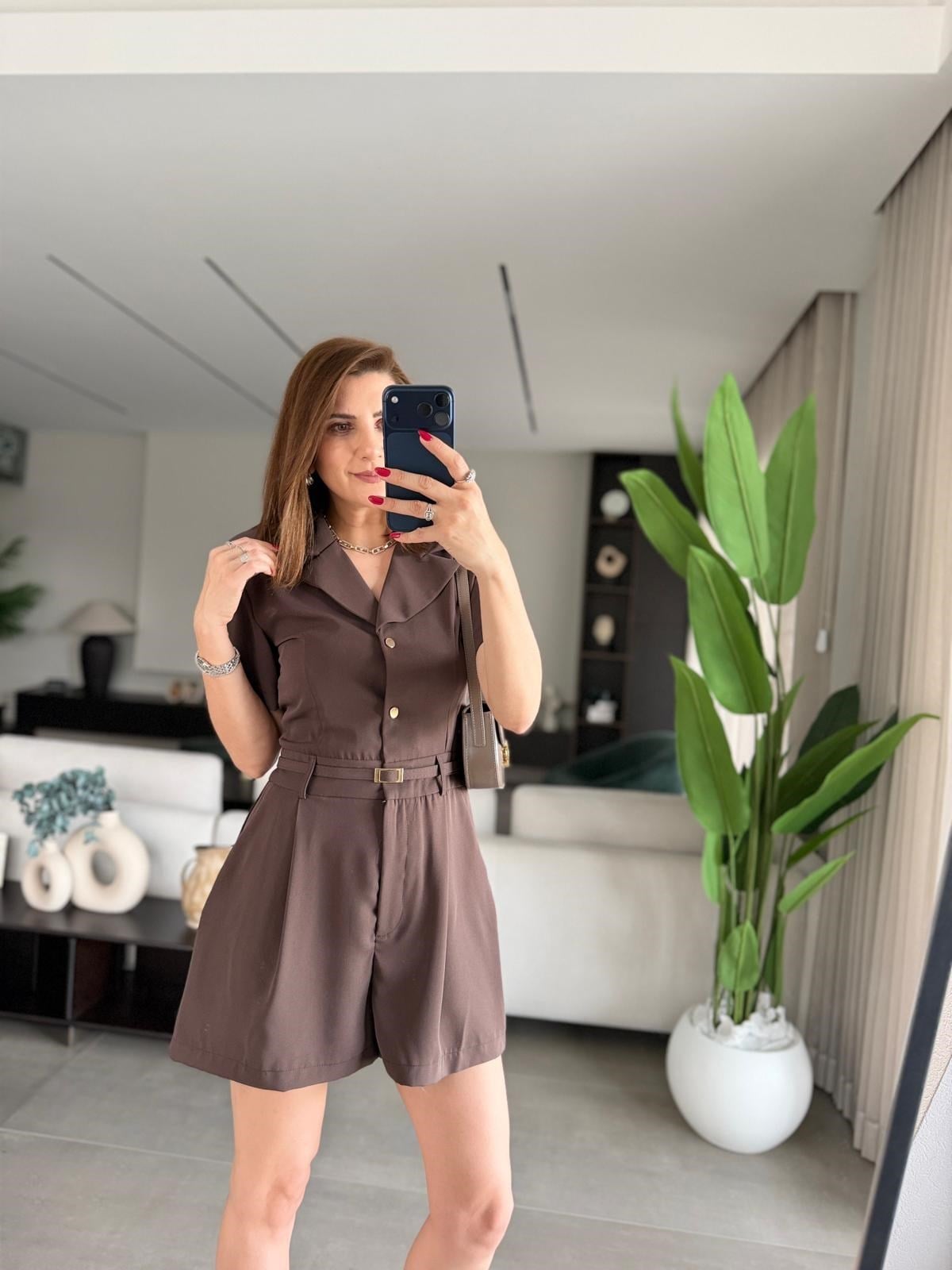 Acı Kahve  Kısa Kollu Kemer Detaylı Şort Tulum