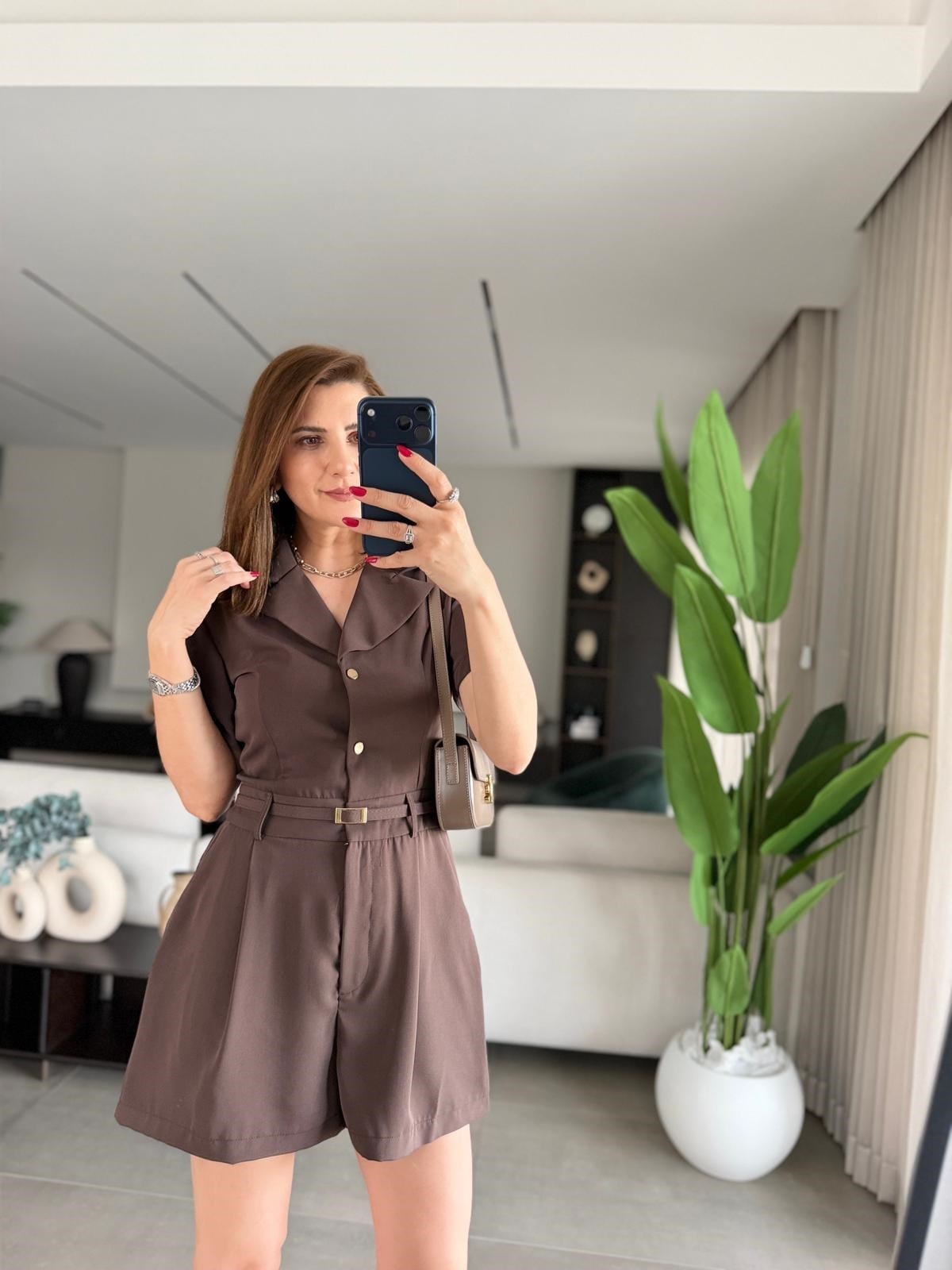 Acı Kahve  Kısa Kollu Kemer Detaylı Şort Tulum