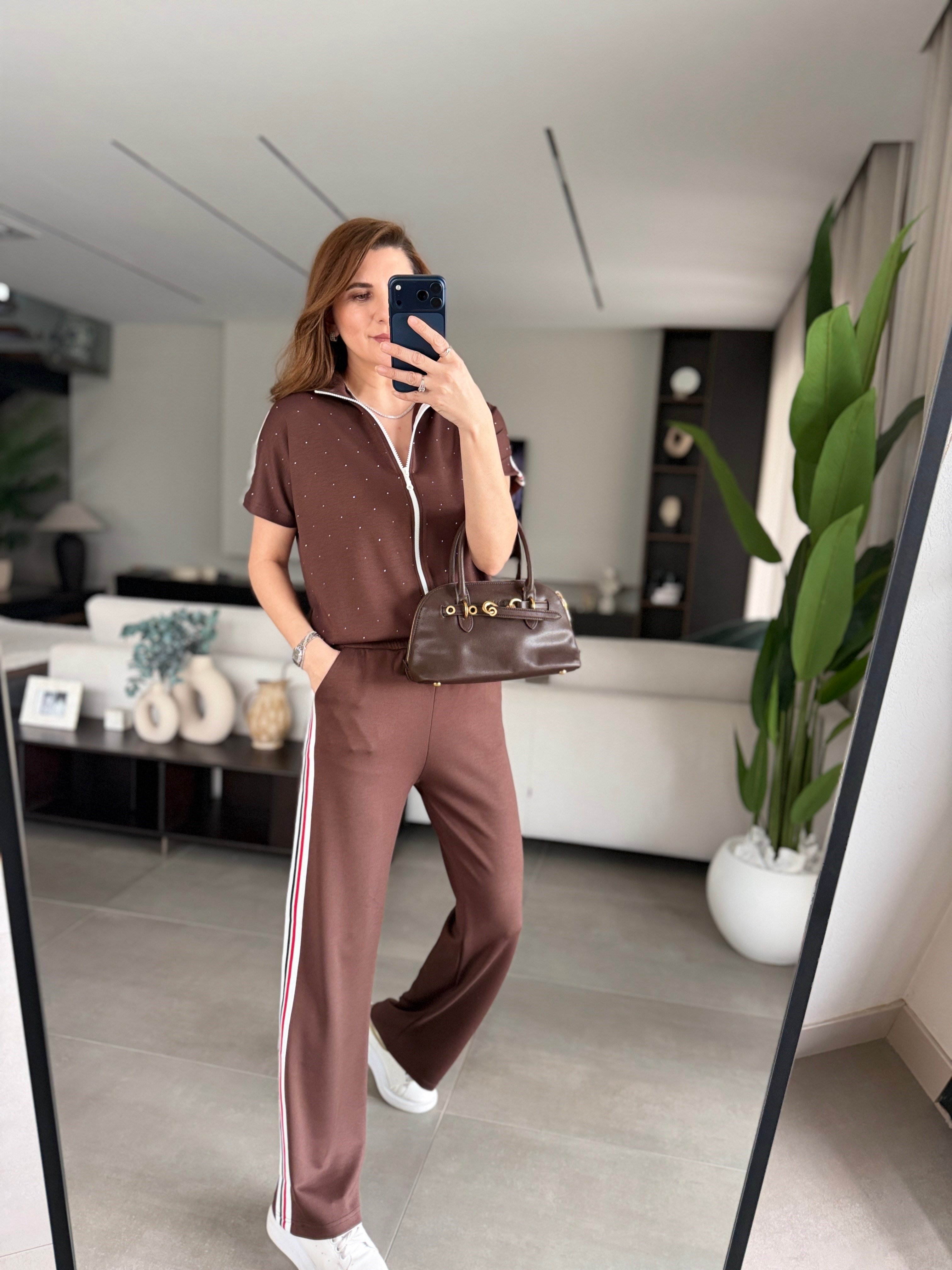 Acı Kahve Kısa Kollu Şerit Ve Taş Detaylı Takım