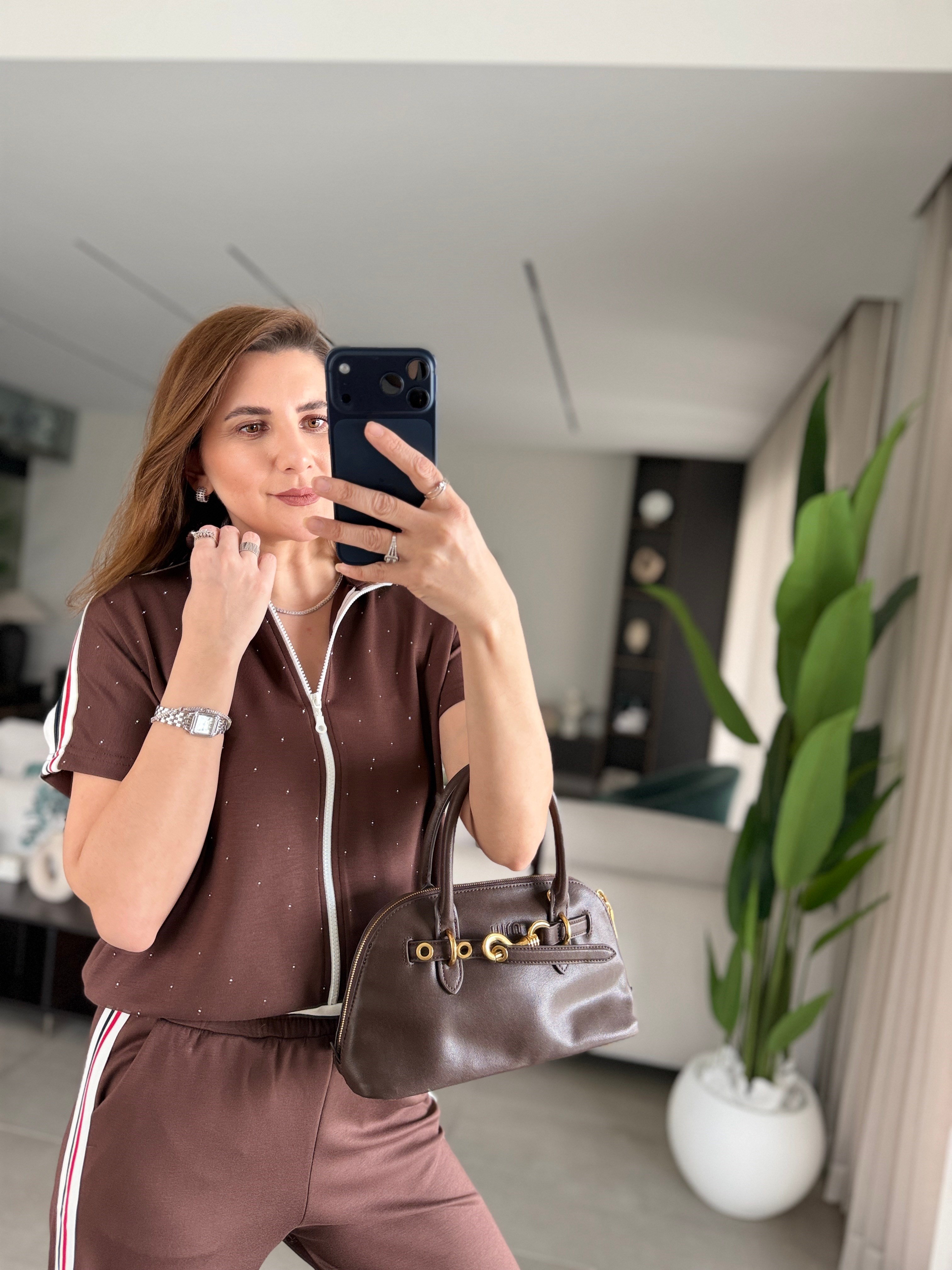 Acı Kahve Kısa Kollu Şerit Ve Taş Detaylı Takım