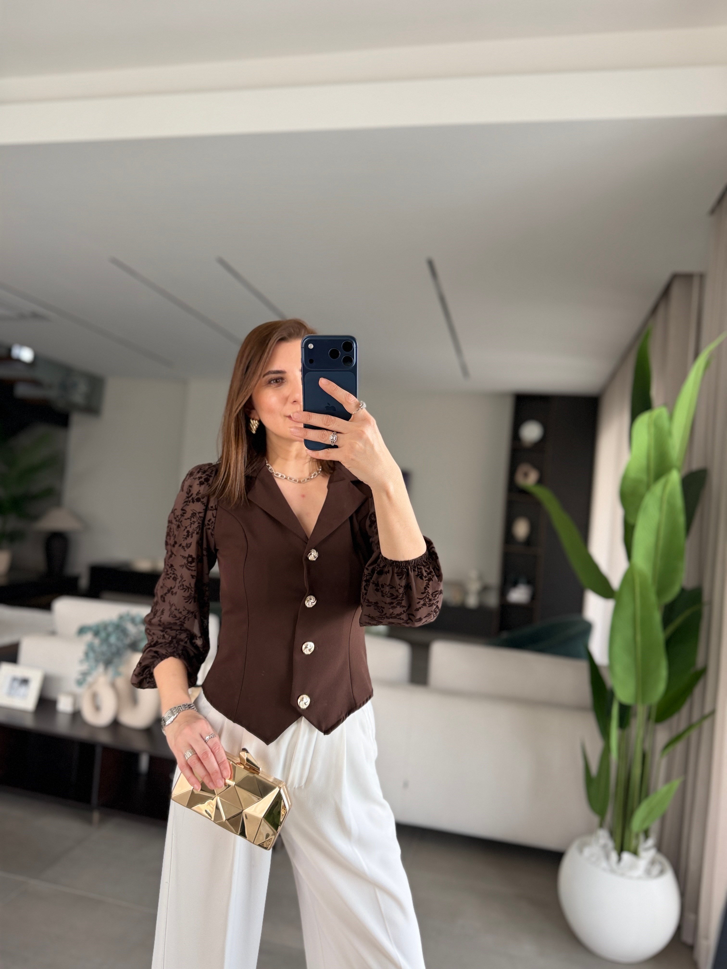 Acı Kahve Kolu Flok Tül Gömlek