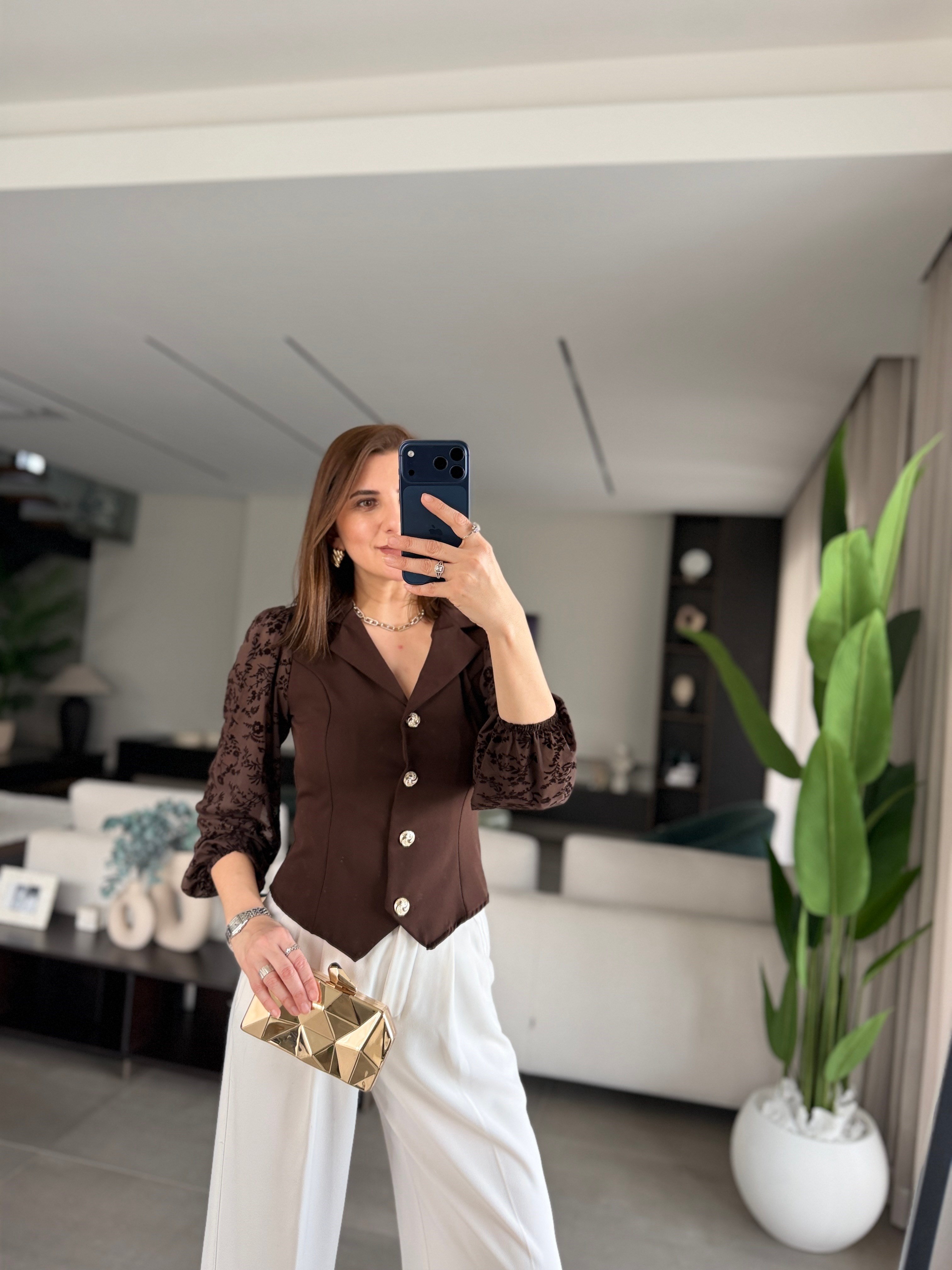 Acı Kahve Kolu Flok Tül Gömlek